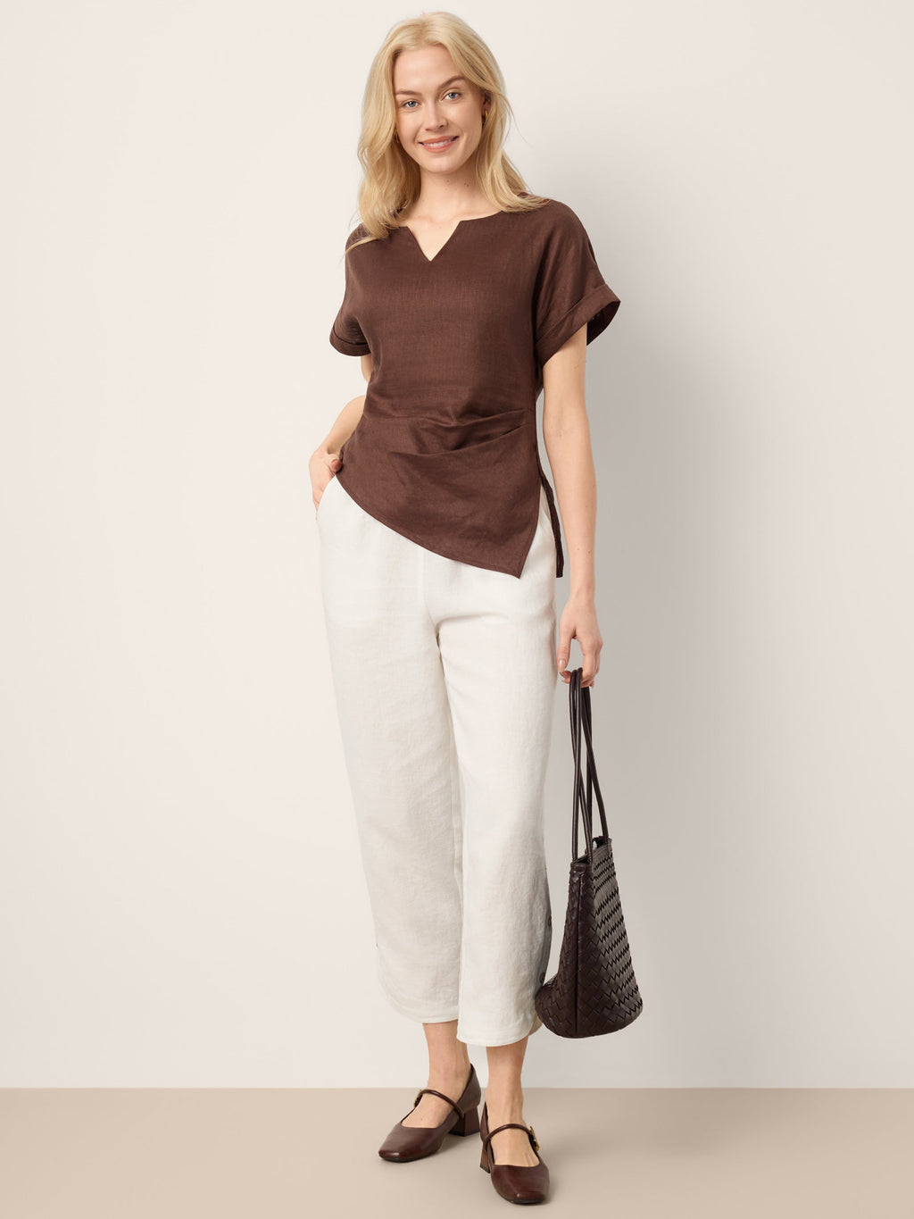 LINTICO 100% Linen Double Pleat Button Hem Pull-On Pants LINDSEY — detail shot 8