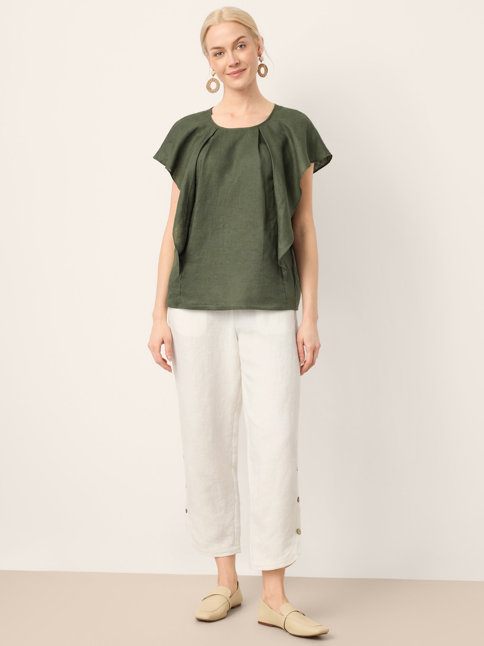LINTICO 100% Linen Double Pleat Button Hem Pull-On Pants LINDSEY — detail shot 9