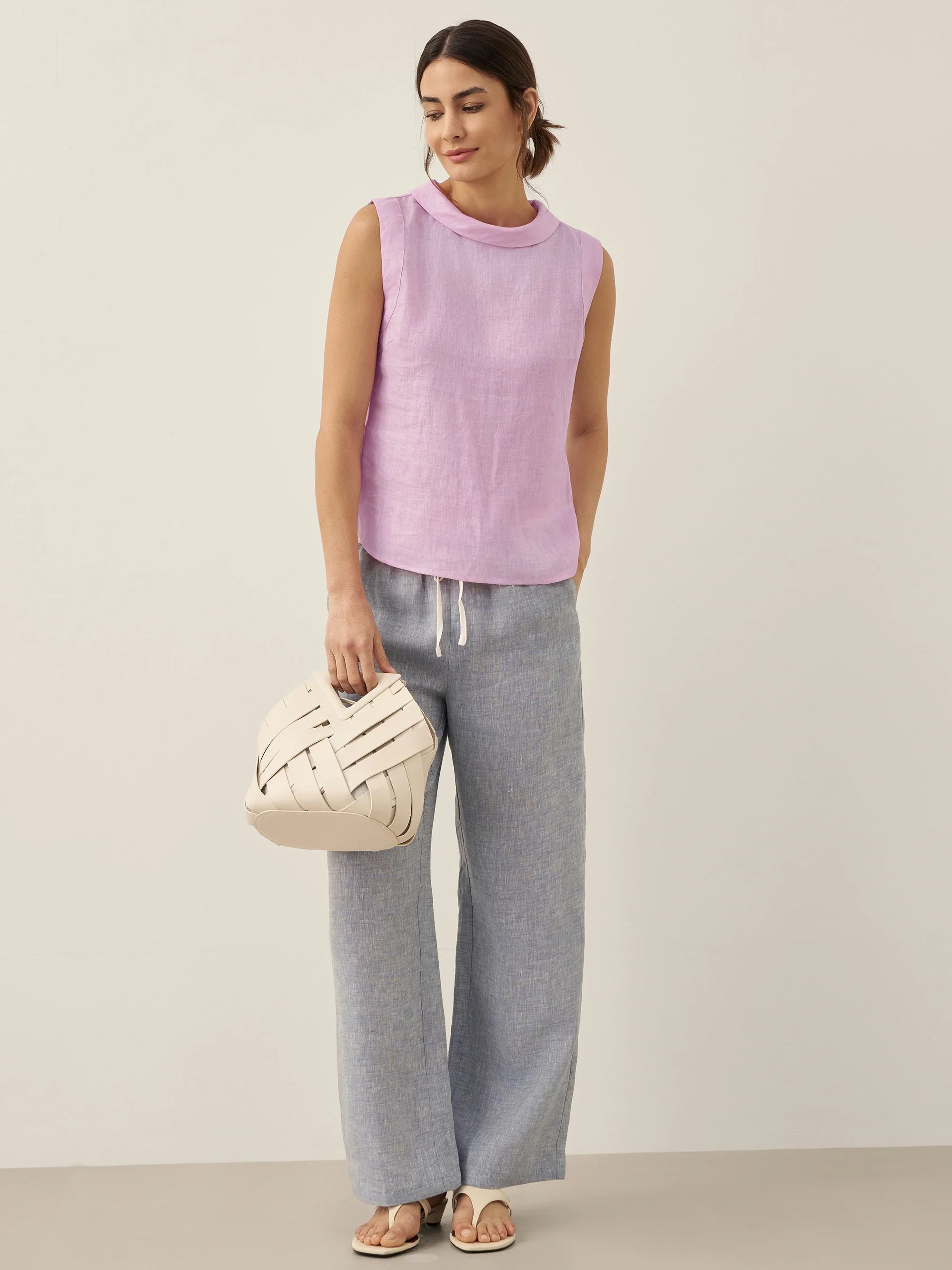LINTICO 100% Linen Draped Collar Tank Top JACQUELINE — fabric or material detail