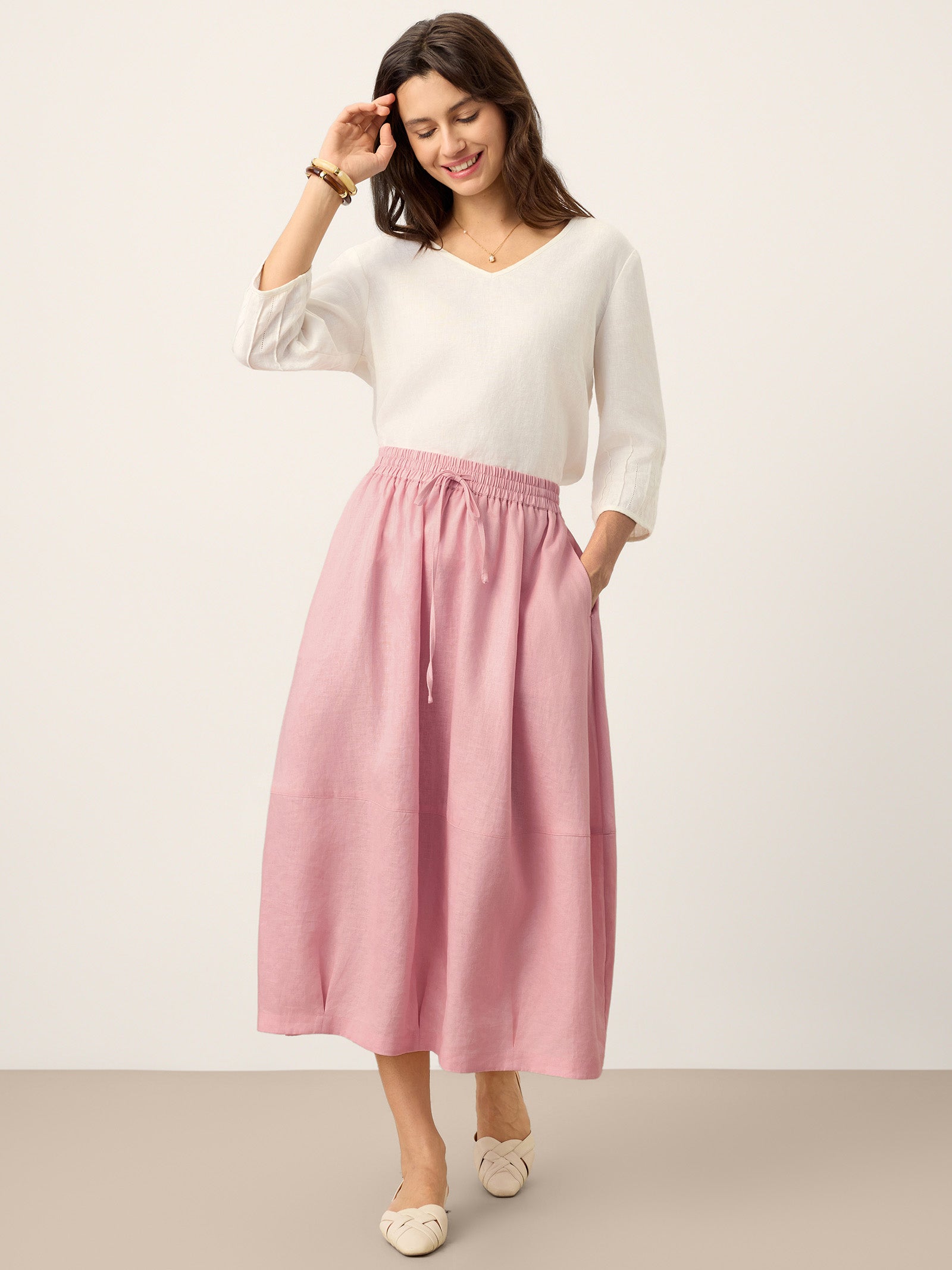 LINTICO 100% Linen Drawstring Lantern Maxi Skirt with Pockets ROXANNE — detail shot 8