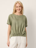 LINTICO 100% Linen Drop Shoulder Split-Back Double Shirred Hem Top LINDSEY — main product shot