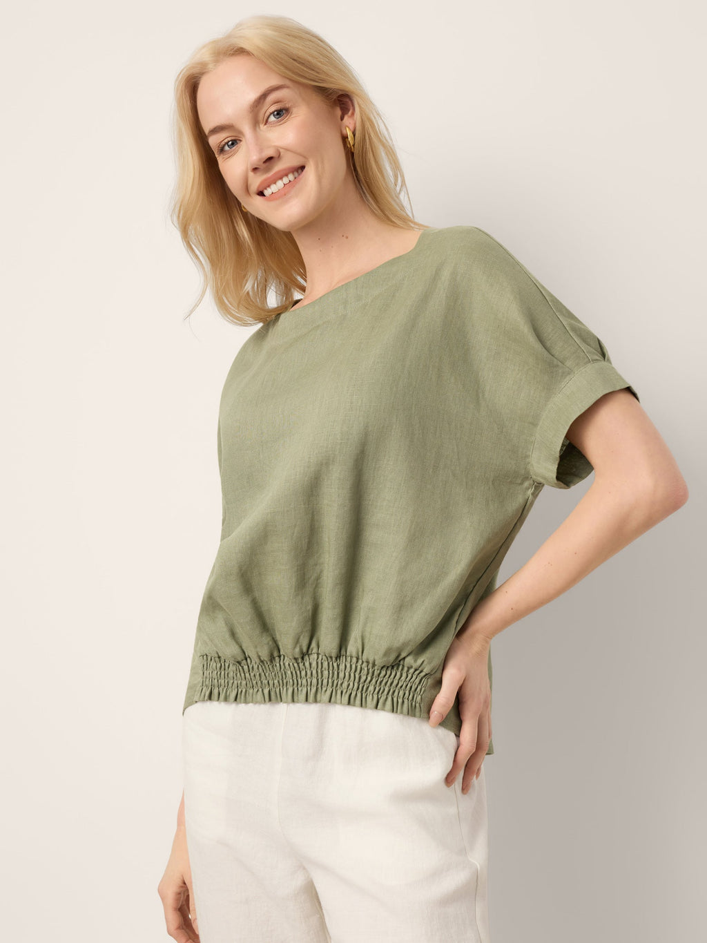 LINTICO 100% Linen Drop Shoulder Split-Back Double Shirred Hem Top LINDSEY — lifestyle worn / used context