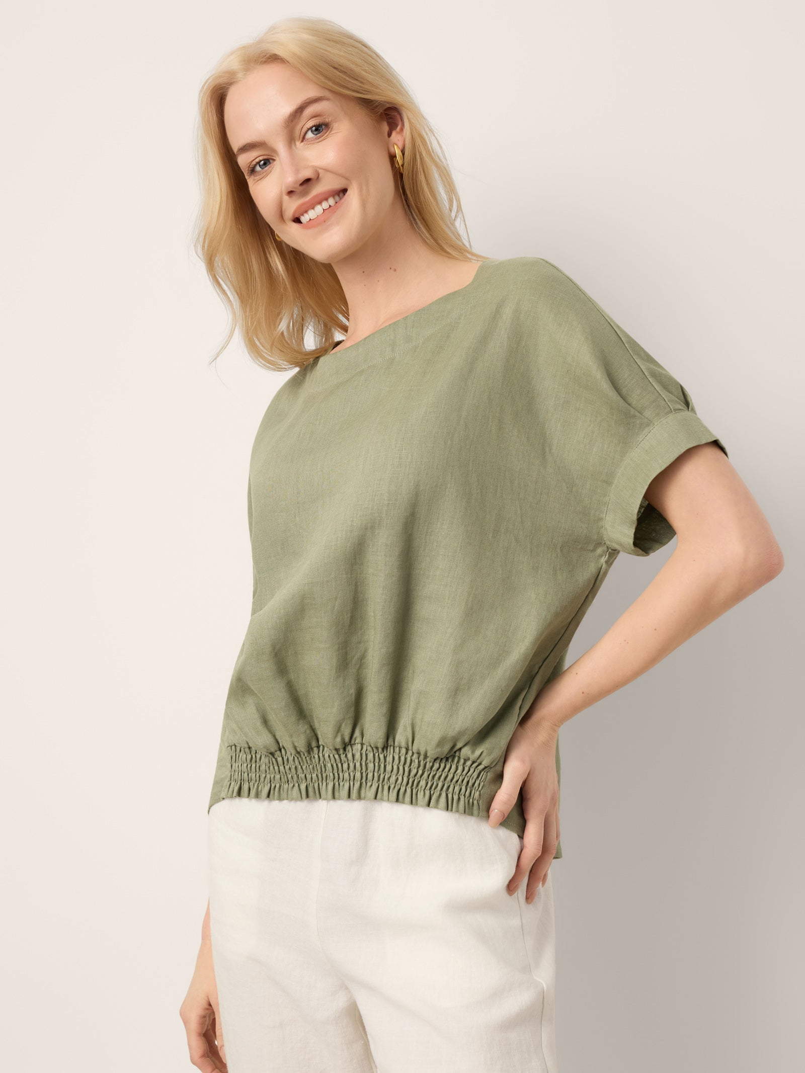 LINTICO 100% Linen Drop Shoulder Split-Back Double Shirred Hem Top LINDSEY — lifestyle worn / used context