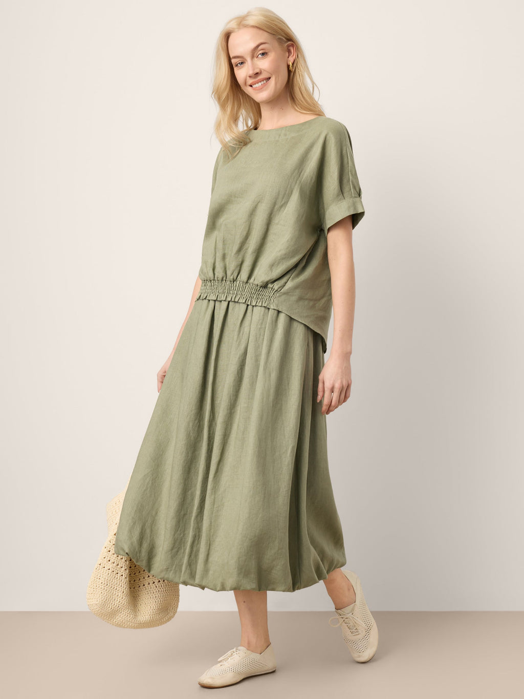 LINTICO 100% Linen Drop Shoulder Split-Back Double Shirred Hem Top LINDSEY — detail shot 9