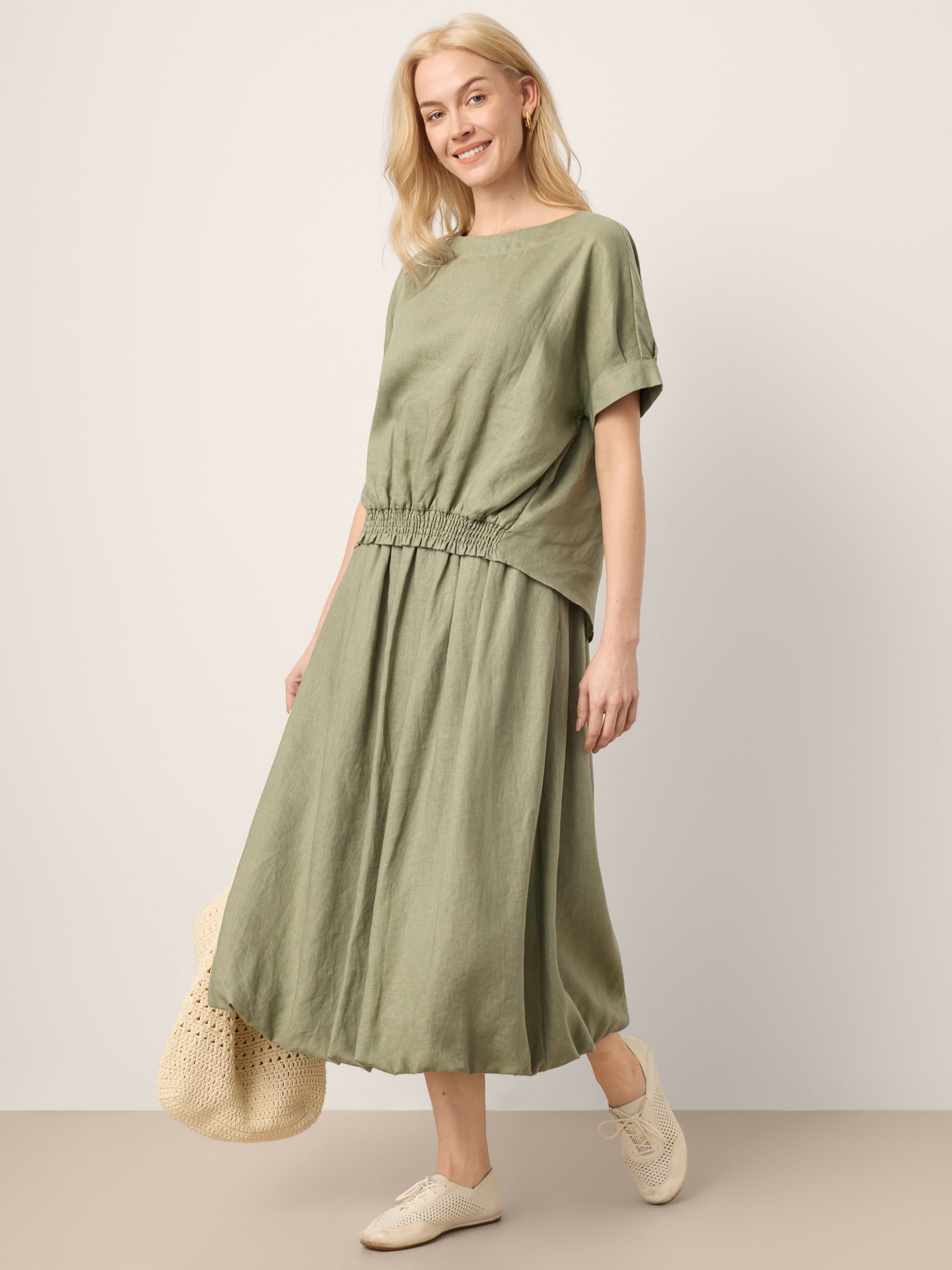 LINTICO 100% Linen Drop Shoulder Split-Back Double Shirred Hem Top LINDSEY — detail shot 9