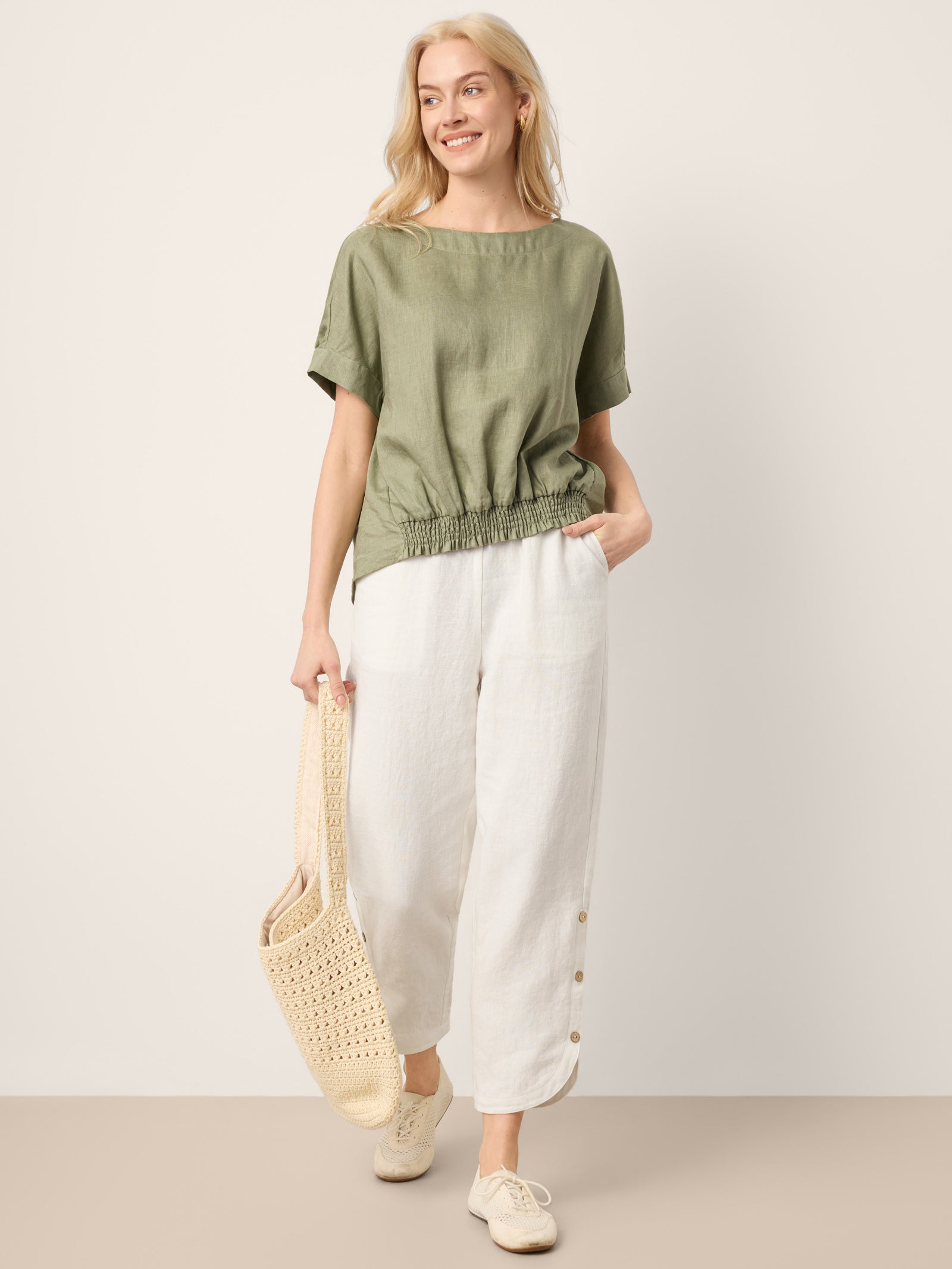 LINTICO 100% Linen Drop Shoulder Split-Back Double Shirred Hem Top LINDSEY — detail shot 10
