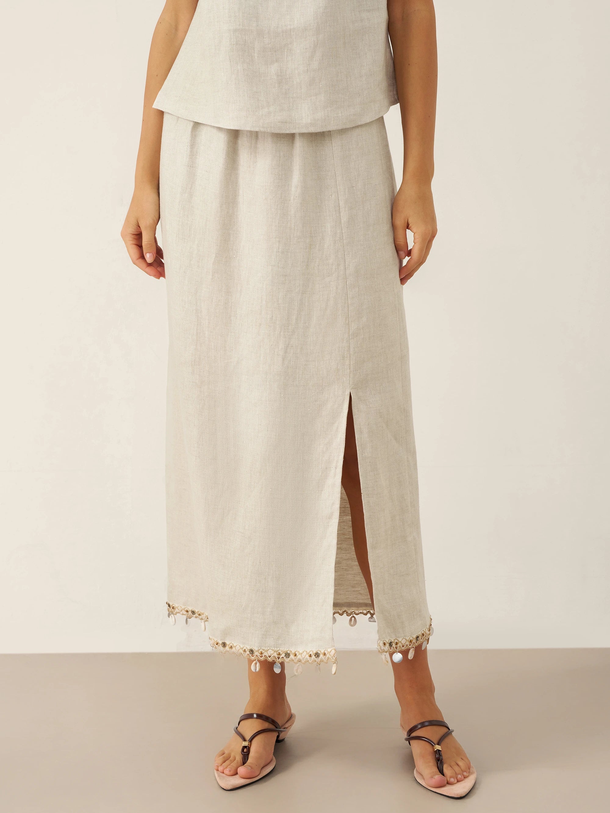 LINTICO 100% Linen Elastic Waist Beaded Skirt BIAN — detail shot 6