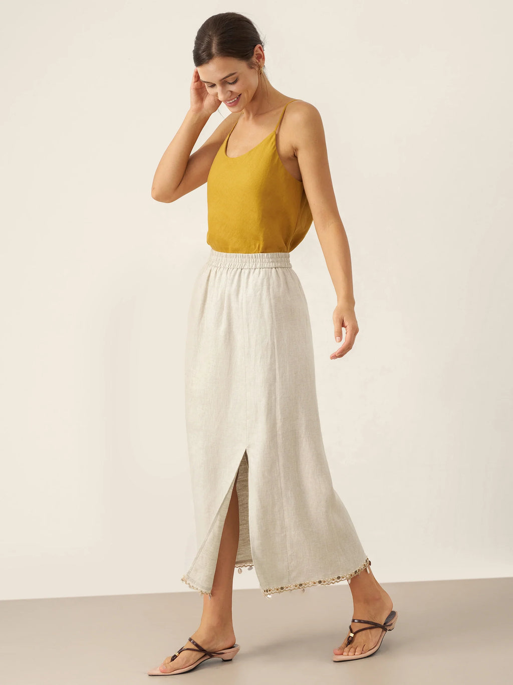 LINTICO 100% Linen Elastic Waist Beaded Skirt BIAN — detail shot 9