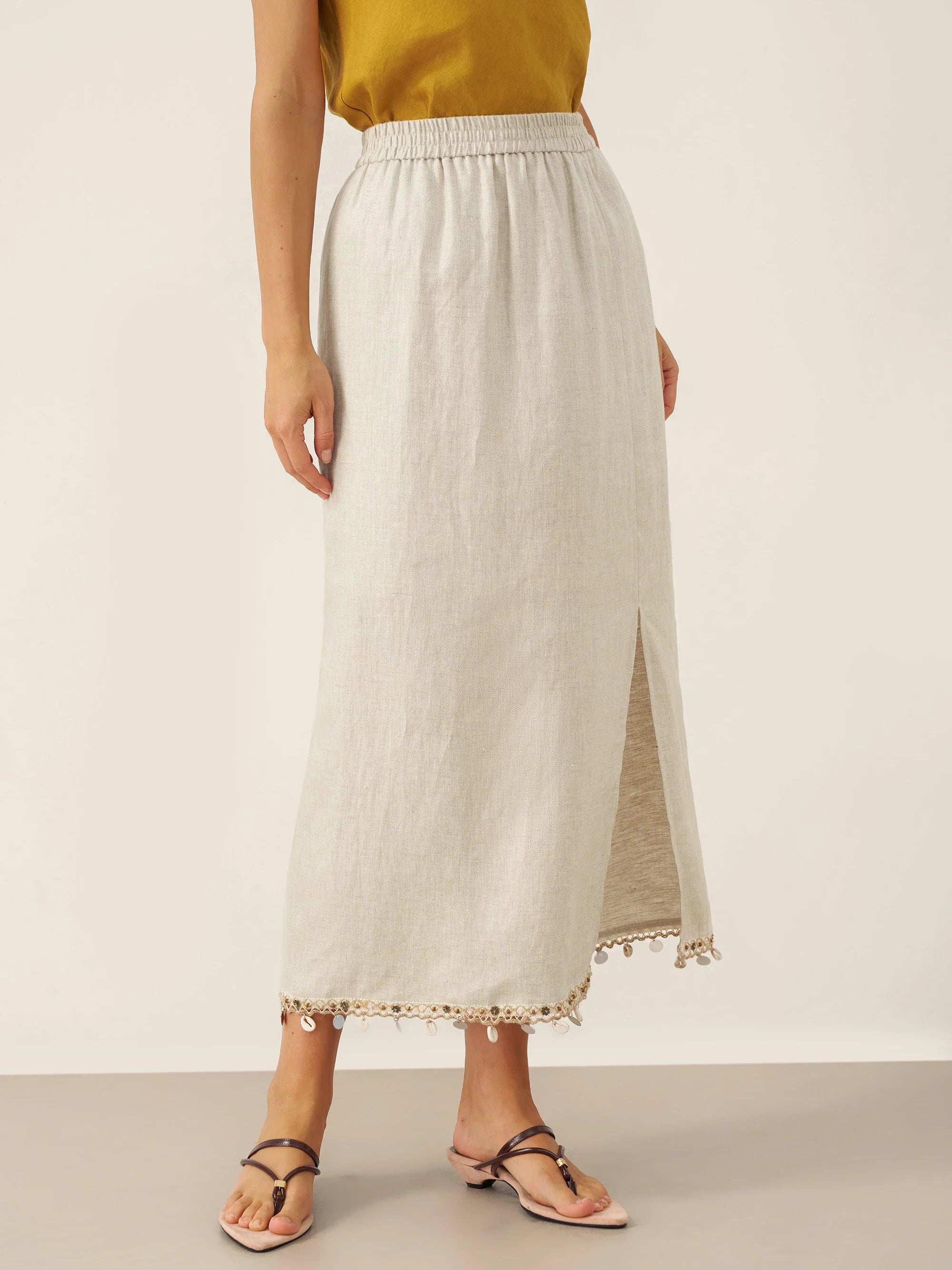LINTICO 100% Linen Elastic Waist Beaded Skirt BIAN — LINTICO branding close-up