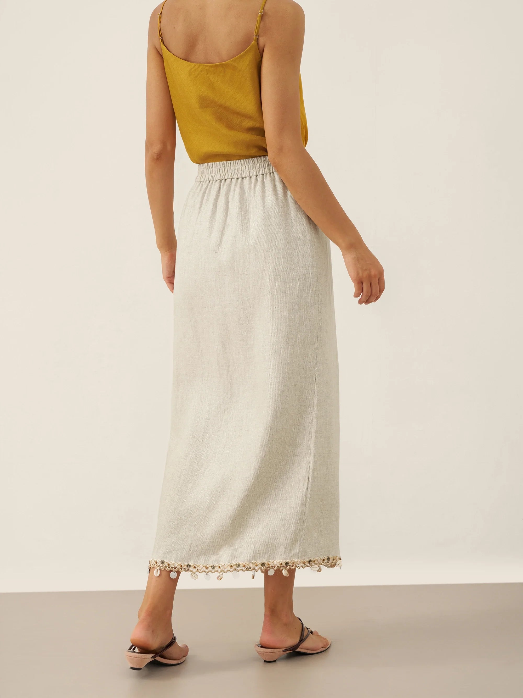 LINTICO 100% Linen Elastic Waist Beaded Skirt BIAN — lifestyle worn / used context