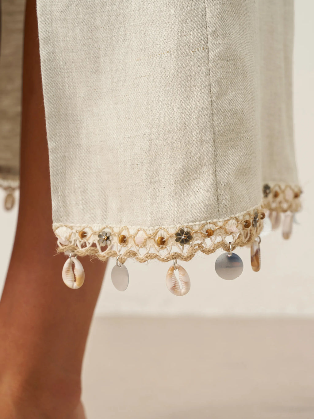 LINTICO 100% Linen Elastic Waist Beaded Skirt BIAN — detail shot 10