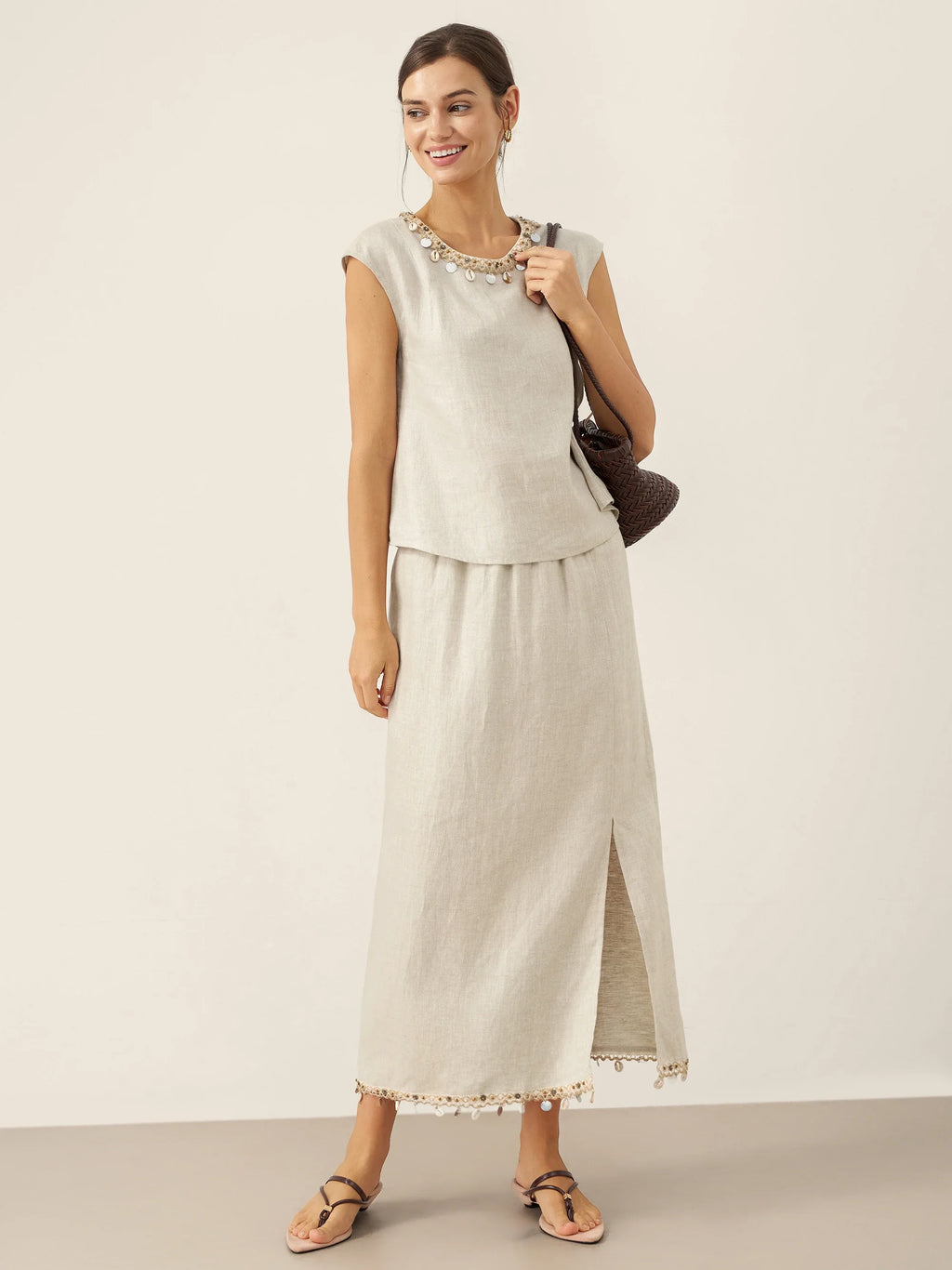 LINTICO 100% Linen Elastic Waist Beaded Skirt BIAN — detail shot 7
