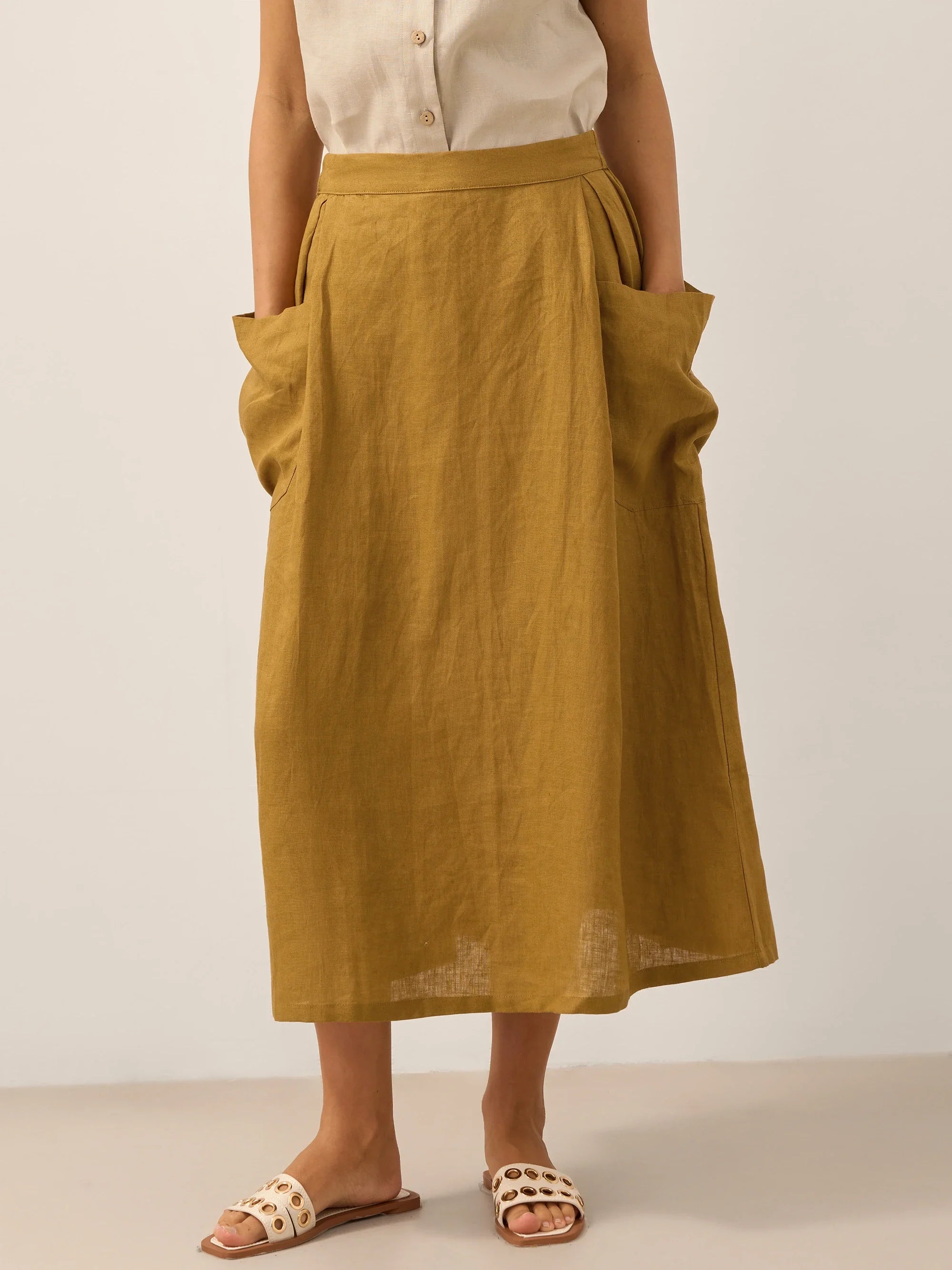 LINTICO 100% Linen Elastic Waist Skirt MARINA — bottoms-skirts-linen category context