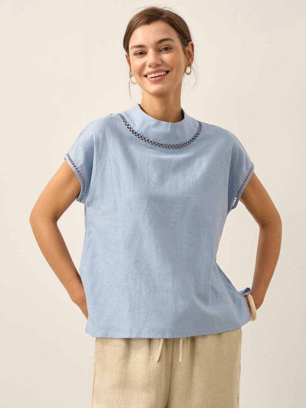 LINTICO 100% Linen Gingham Checked Cutout Turtleneck Top CAROL — main product shot