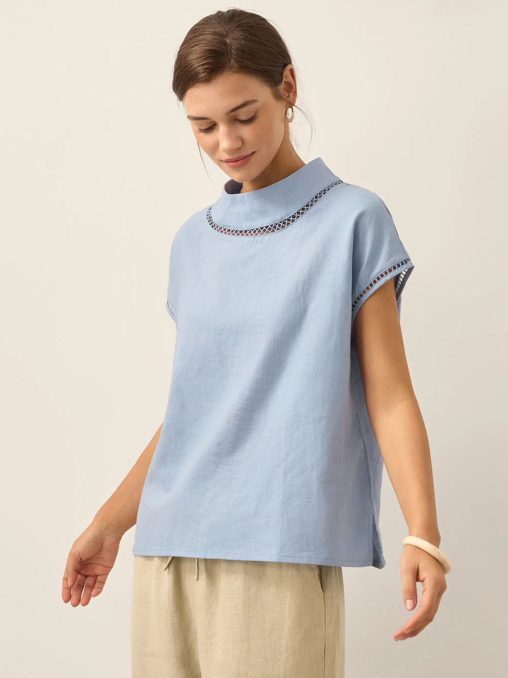 LINTICO 100% Linen Gingham Checked Cutout Turtleneck Top CAROL — tops-blouses-linen category context