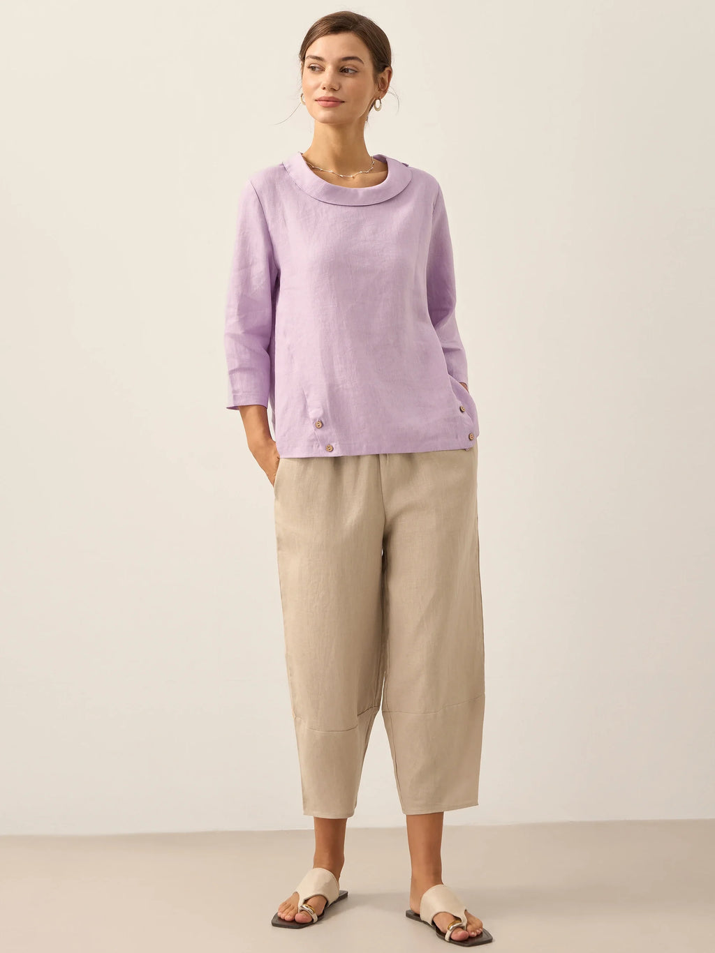 LINTICO Linen Gingham Checked Round Soft-Fold Collar Top LAURA — comparison shot