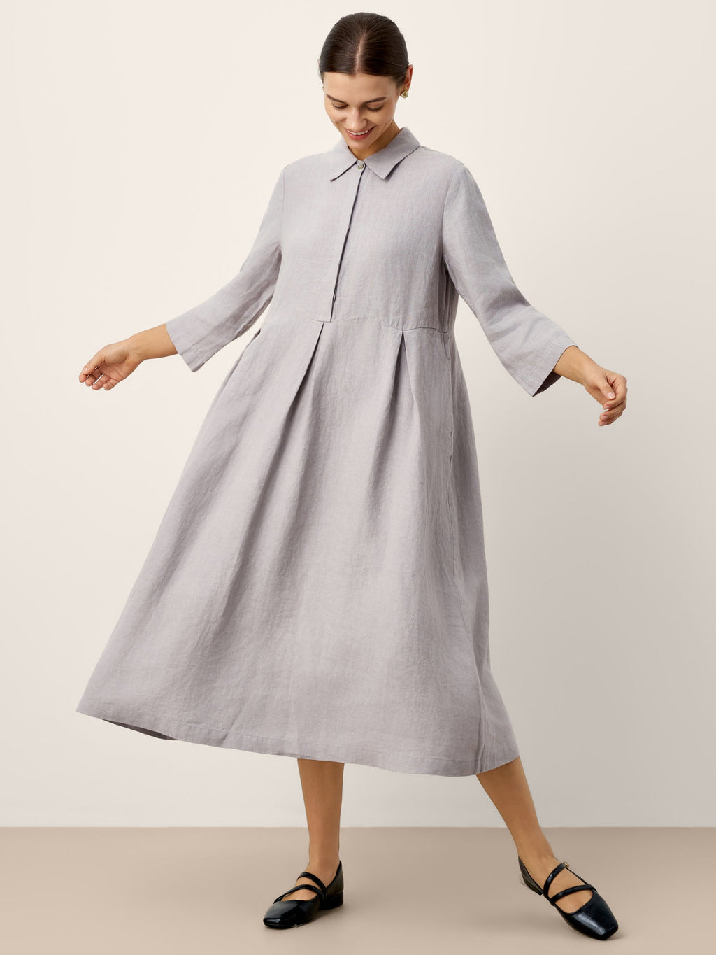 LINTICO 100% Linen Inverted Pleat Curved Seam Maxi Dress VALERIE — lifestyle worn / used context