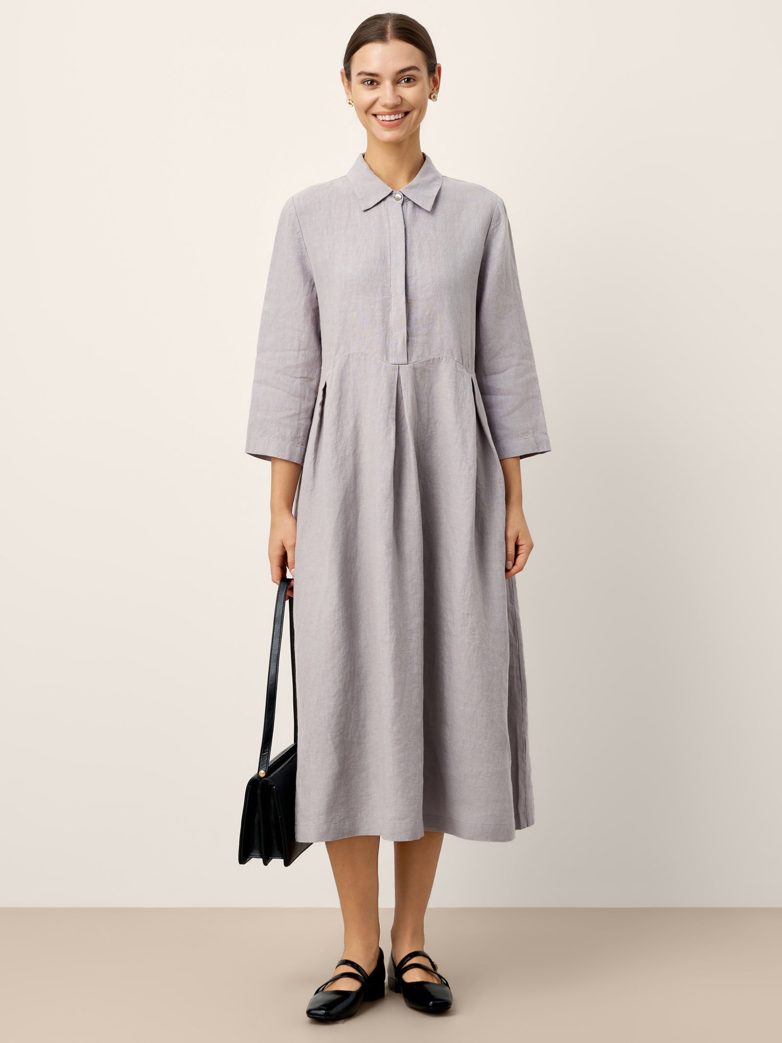 LINTICO 100% Linen Inverted Pleat Curved Seam Maxi Dress VALERIE — main product shot