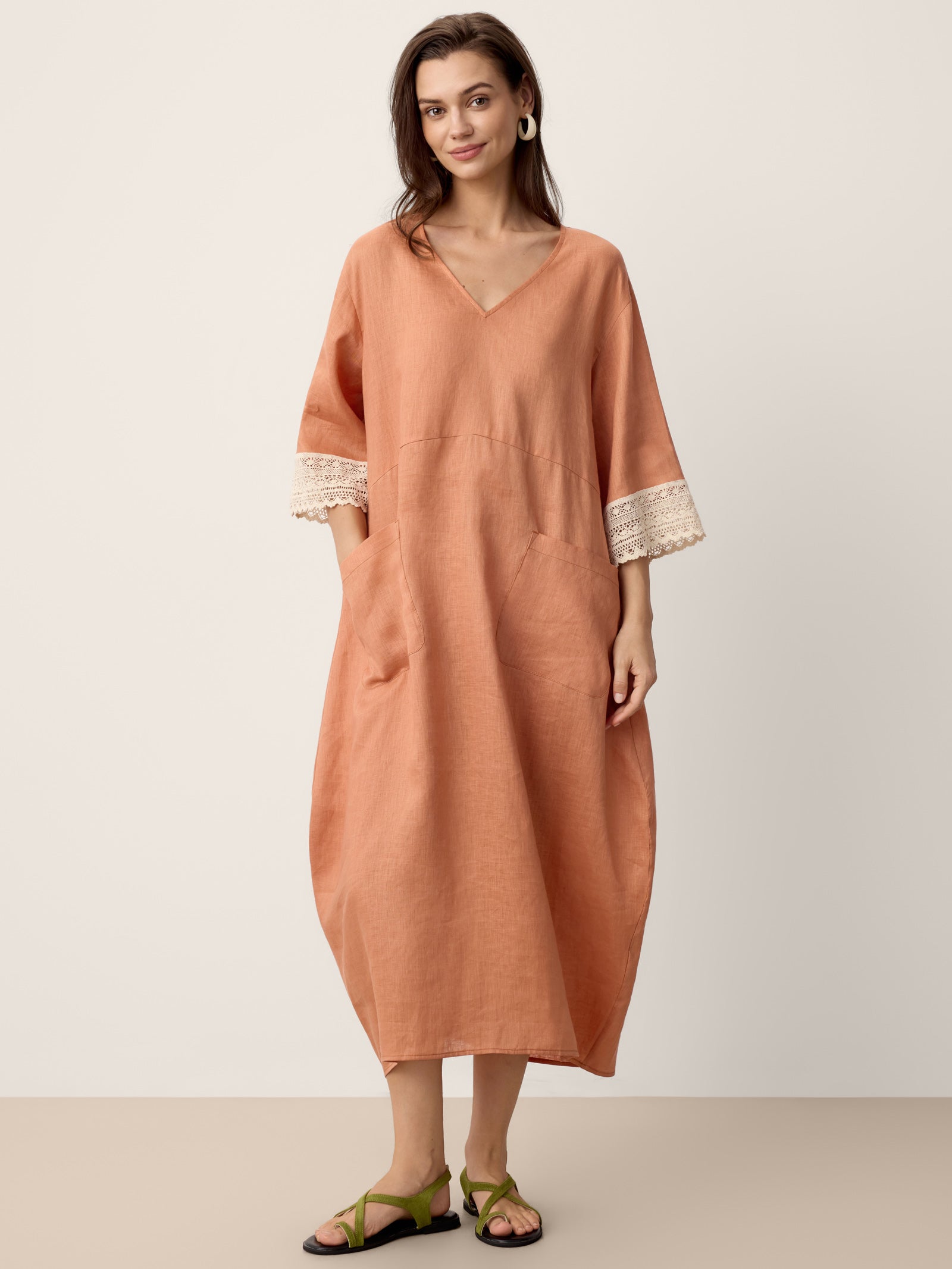 100% Linen Lace-Cuff Cocoon Maxi Dress PETRA