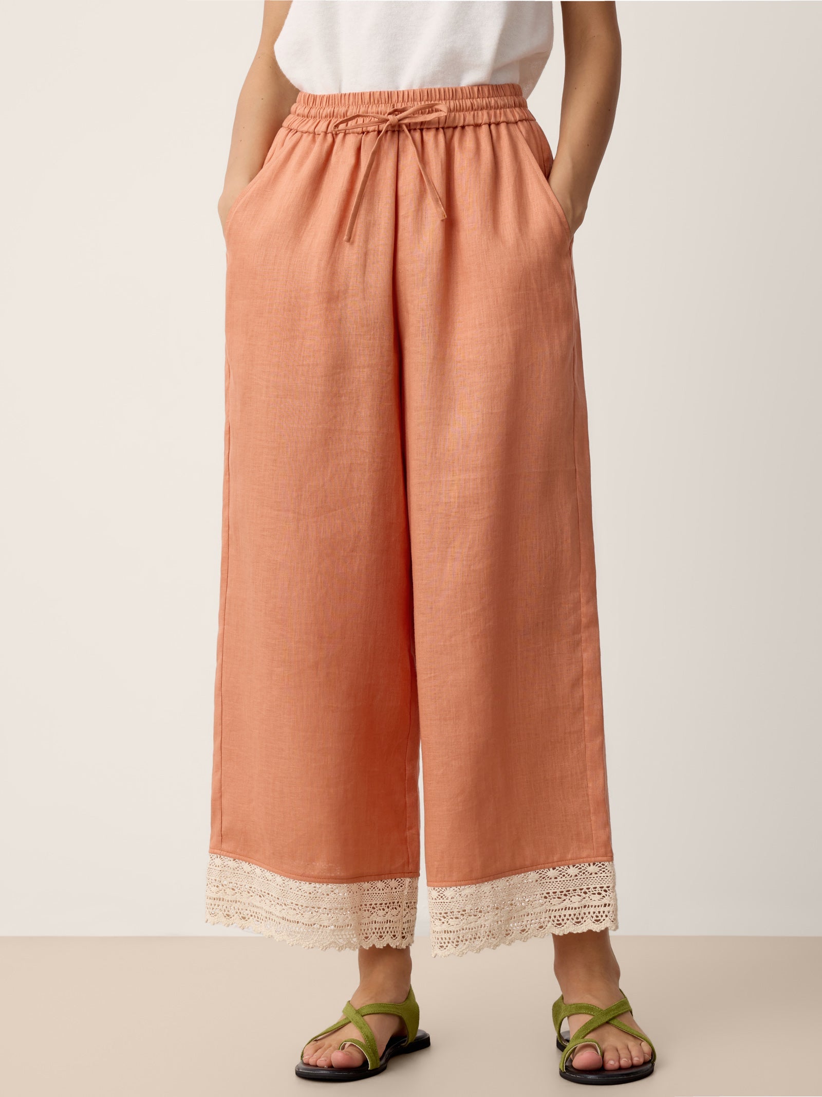 LINTICO 100% Linen Lace-Hem Wide-Leg Pants DARBY — main product shot
