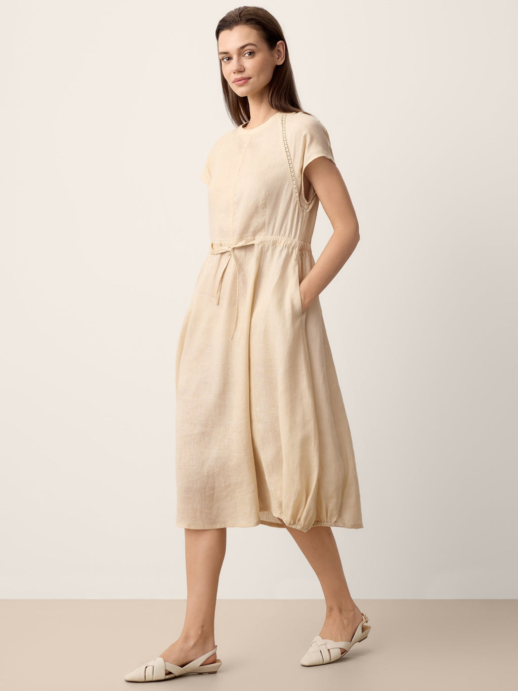 LINTICO 100% Linen Lace-Inset Bubble-Hem Midi Dress LORITA — main product shot