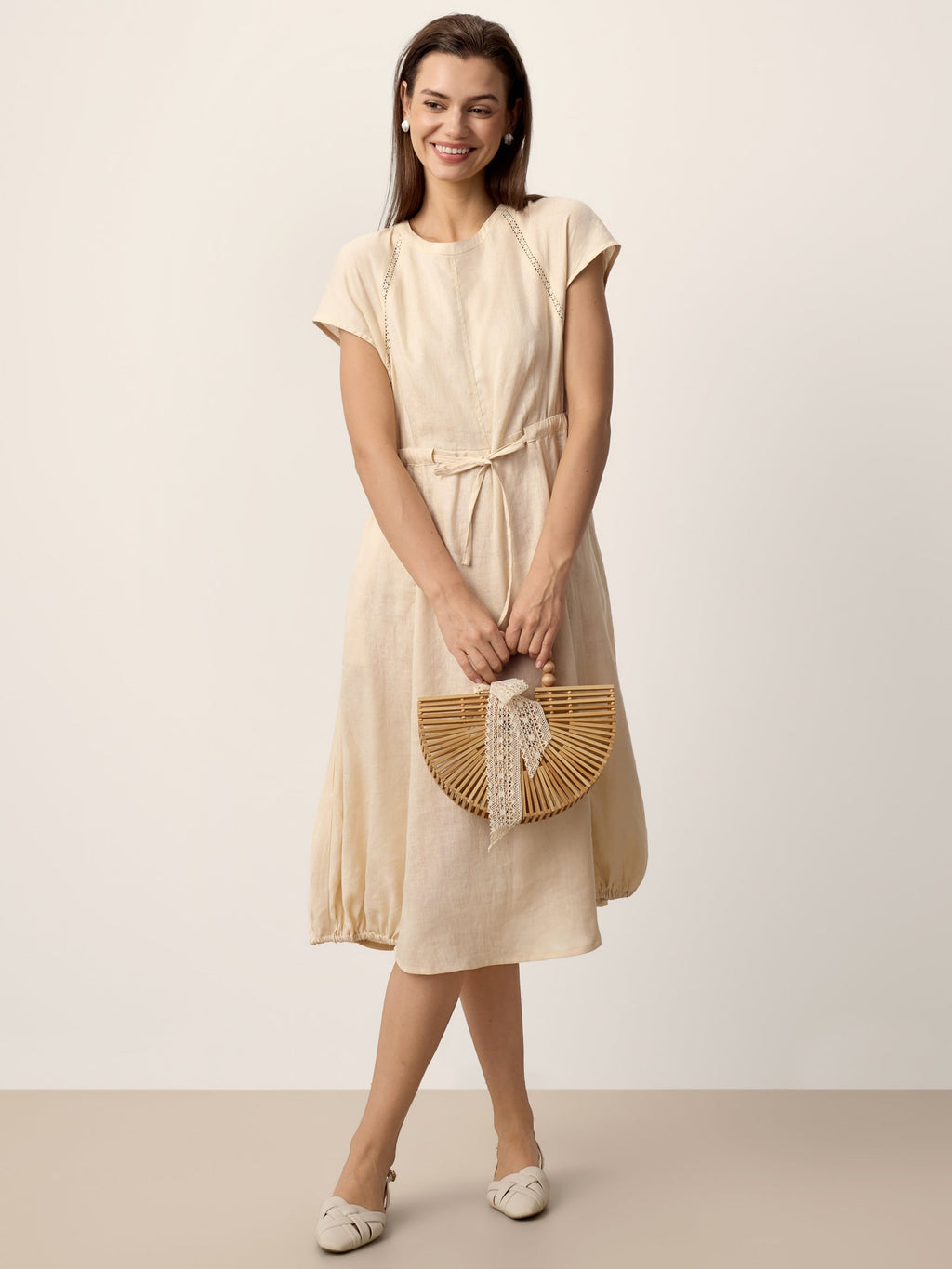 LINTICO 100% Linen Lace-Inset Bubble-Hem Midi Dress LORITA — detail shot 7