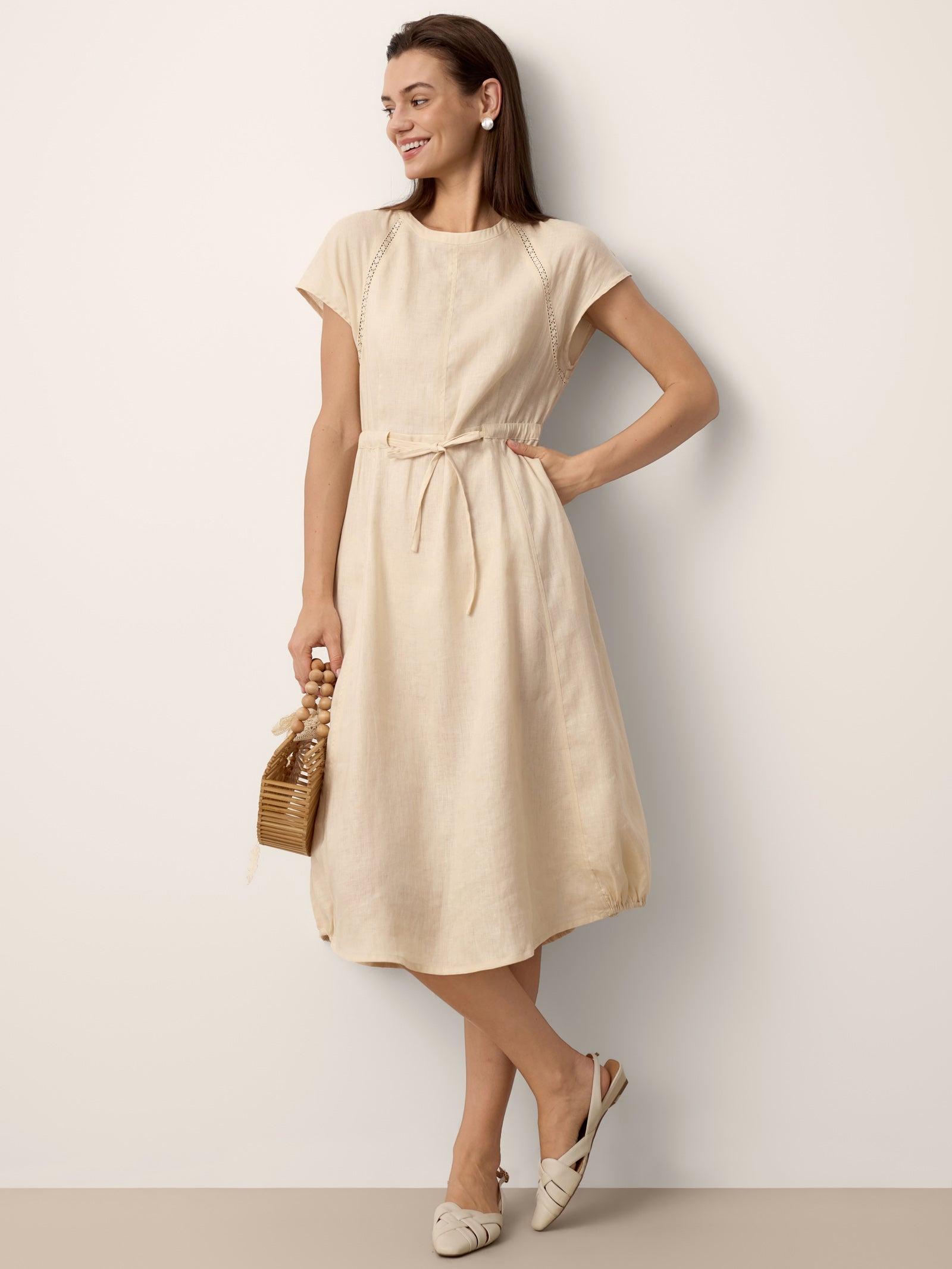 LINTICO 100% Linen Lace-Inset Bubble-Hem Midi Dress LORITA — detail shot 9