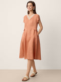 LINTICO 100% Linen Lace-Trim V-Neck Tailored-Waist Midi Dress ELENI — main product shot