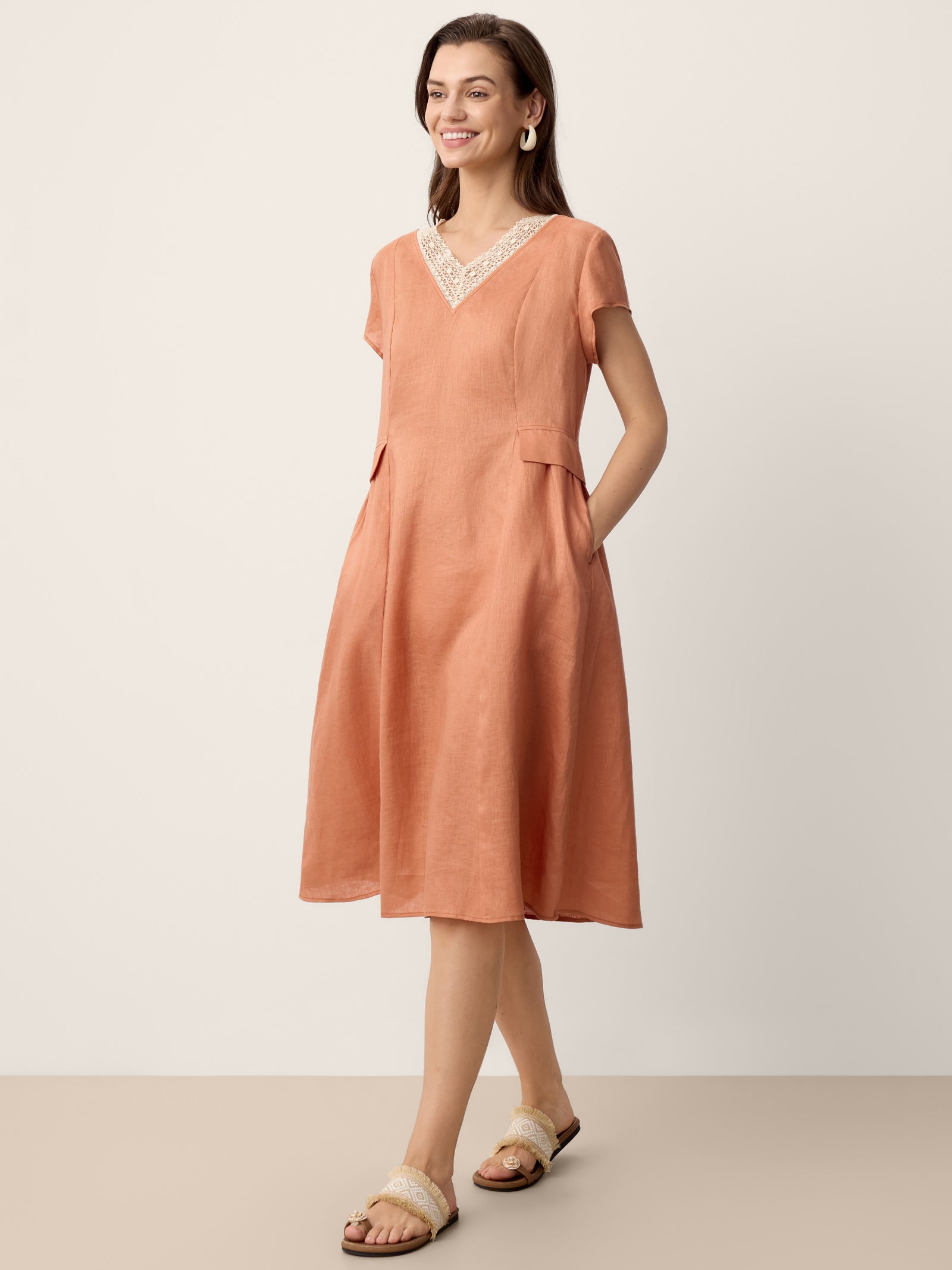 LINTICO 100% Linen Lace-Trim V-Neck Tailored-Waist Midi Dress ELENI — main product shot