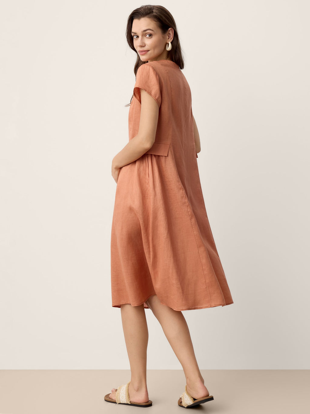 LINTICO 100% Linen Lace-Trim V-Neck Tailored-Waist Midi Dress ELENI — detail shot 6