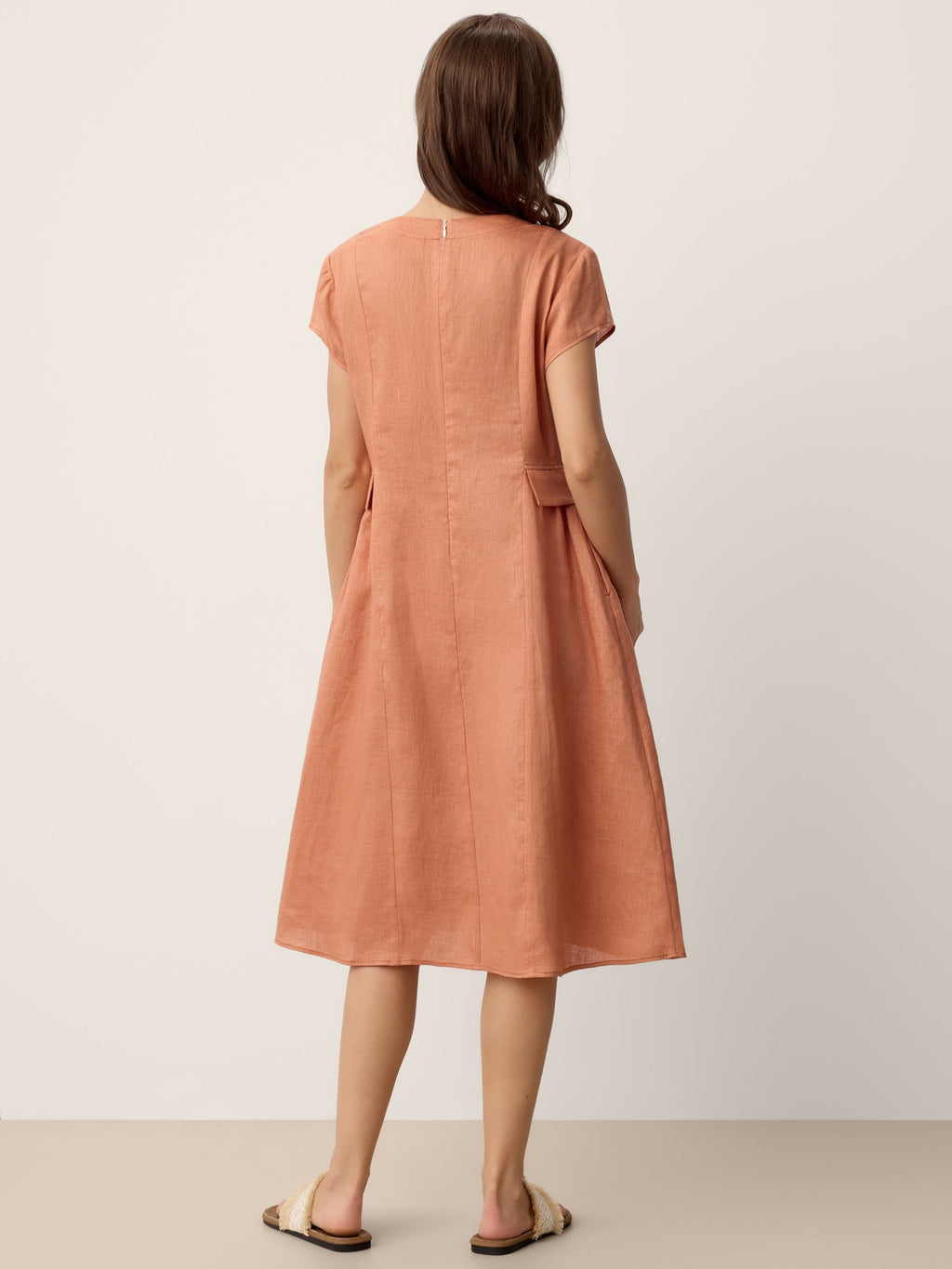 LINTICO 100% Linen Lace-Trim V-Neck Tailored-Waist Midi Dress ELENI — detail shot 9