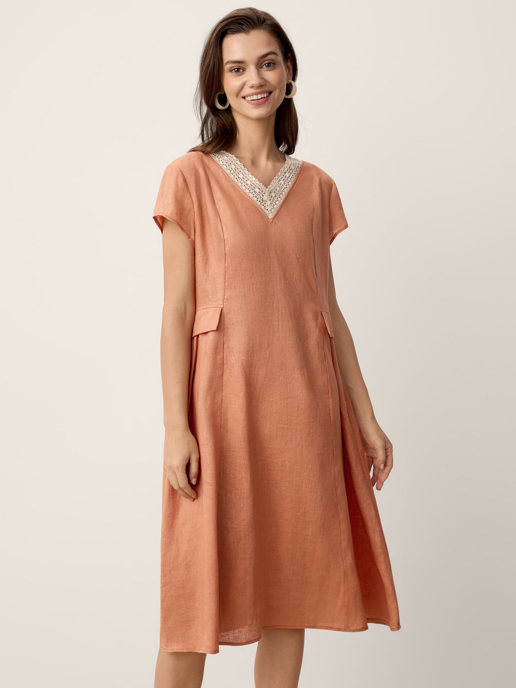 LINTICO 100% Linen Lace-Trim V-Neck Tailored-Waist Midi Dress ELENI — detail shot 8