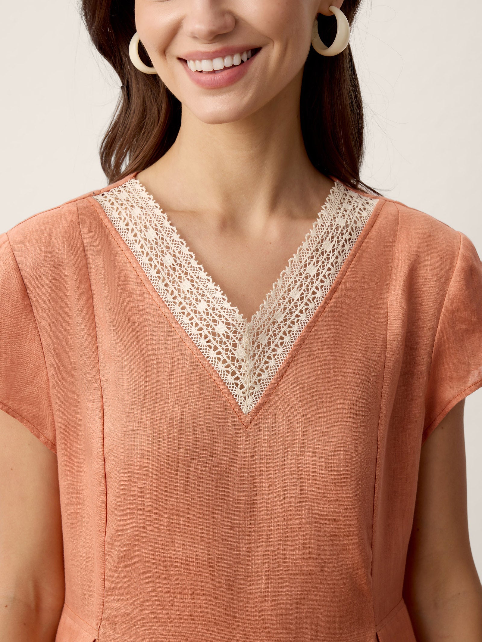 LINTICO 100% Linen Lace-Trim V-Neck Tailored-Waist Midi Dress ELENI — LINTICO branding close-up