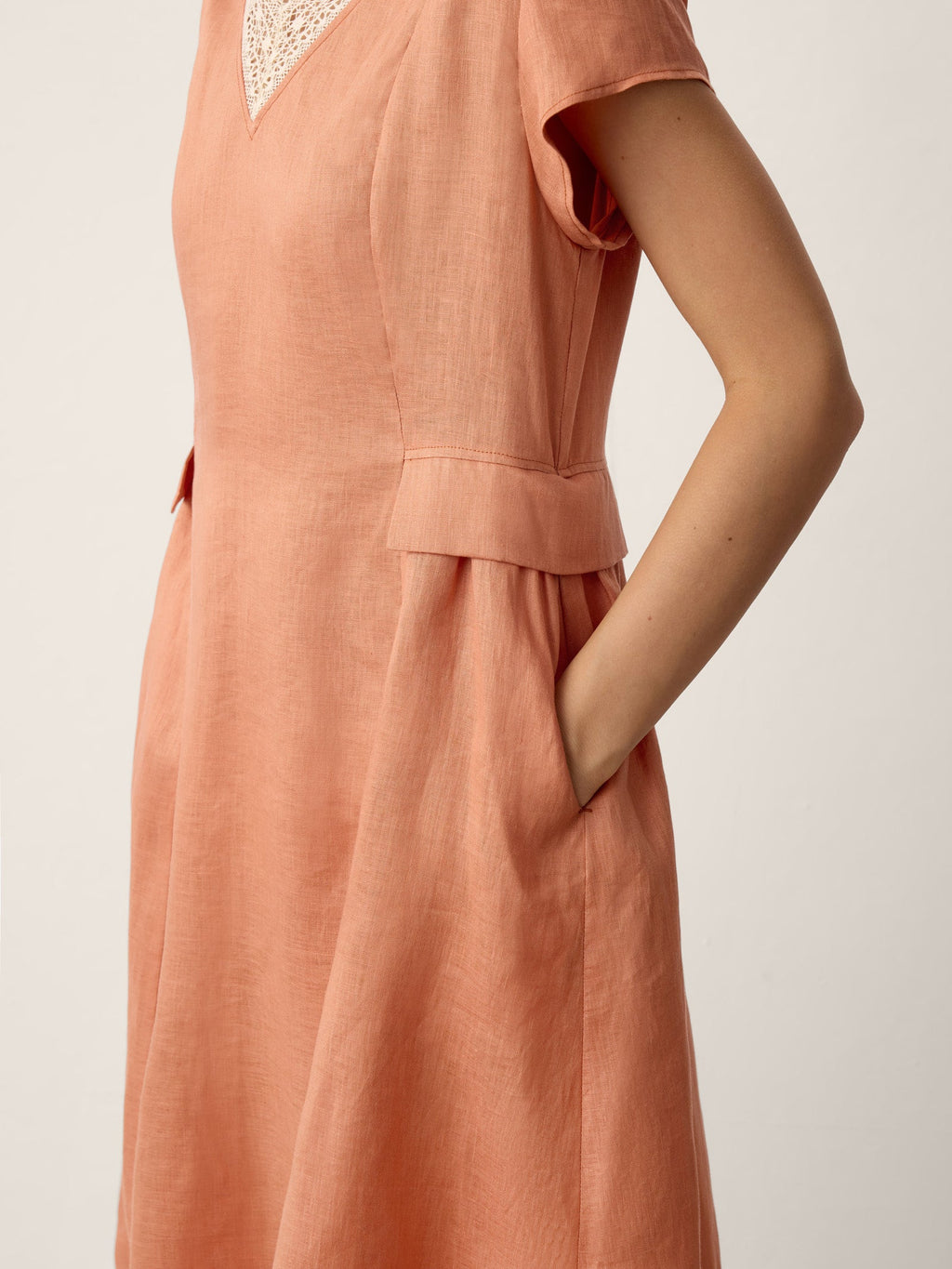 LINTICO 100% Linen Lace-Trim V-Neck Tailored-Waist Midi Dress ELENI — lifestyle worn / used context