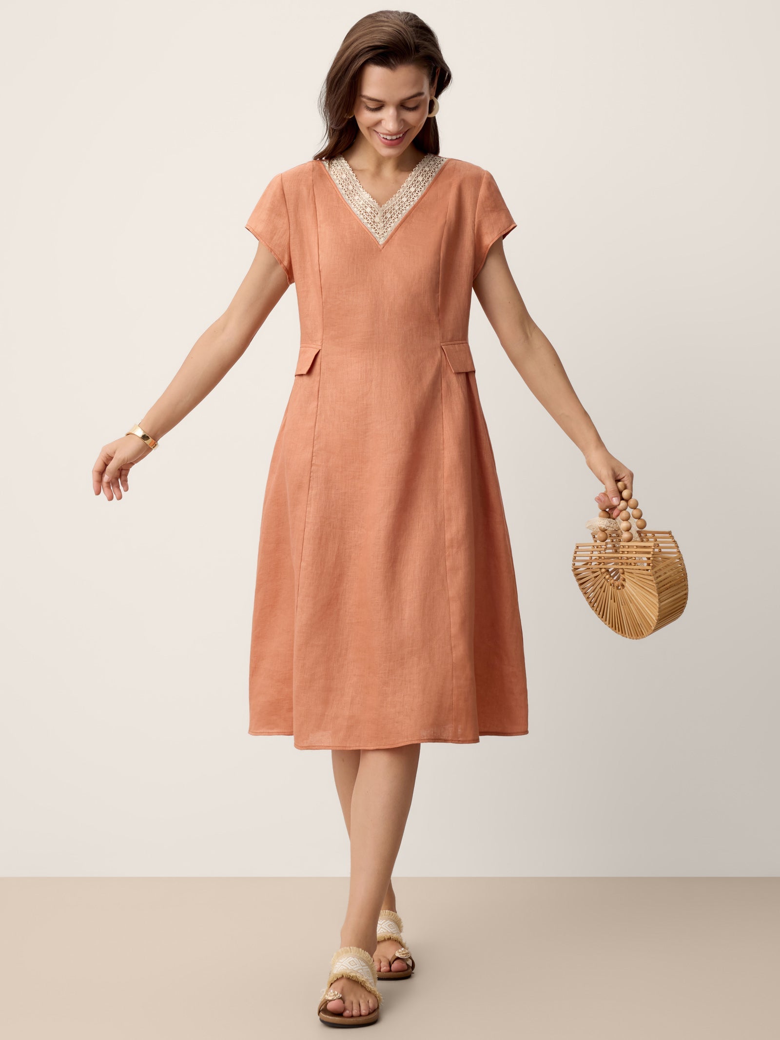 LINTICO 100% Linen Lace-Trim V-Neck Tailored-Waist Midi Dress ELENI — detail shot 7