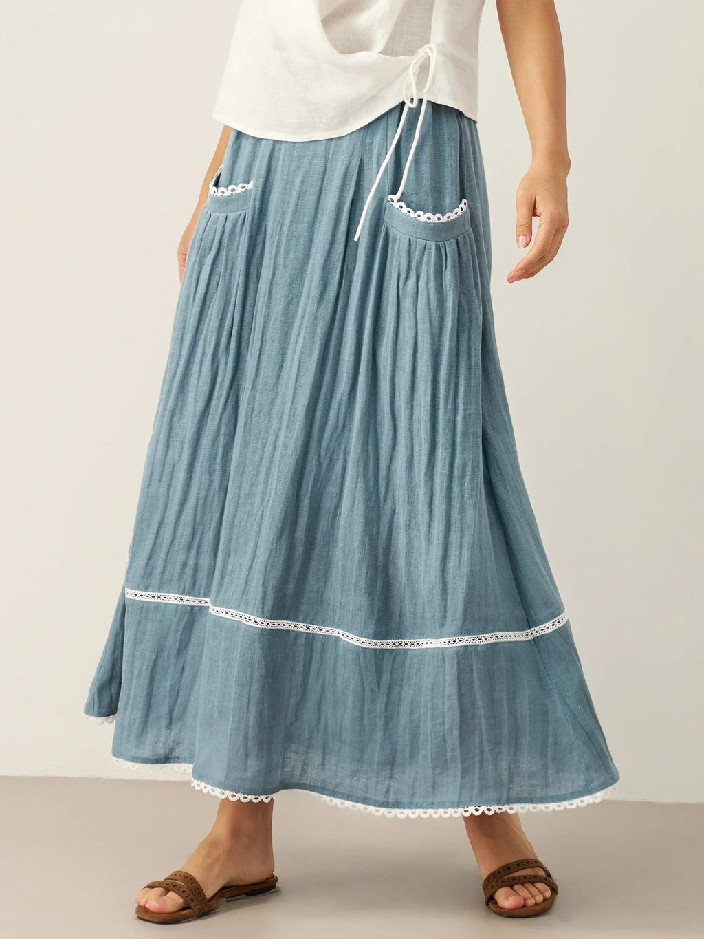 LINTICO 100% Linen Lace-Up Pocket Skirt FENLA — LINTICO branding close-up