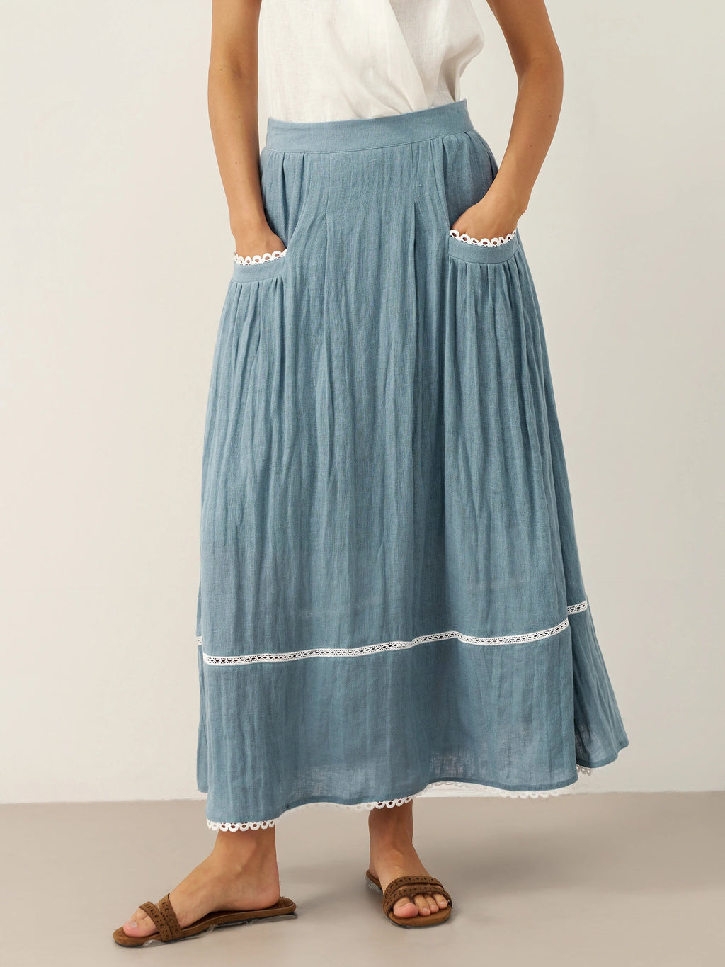 LINTICO 100% Linen Lace-Up Pocket Skirt FENLA — bottoms-skirts-linen category context