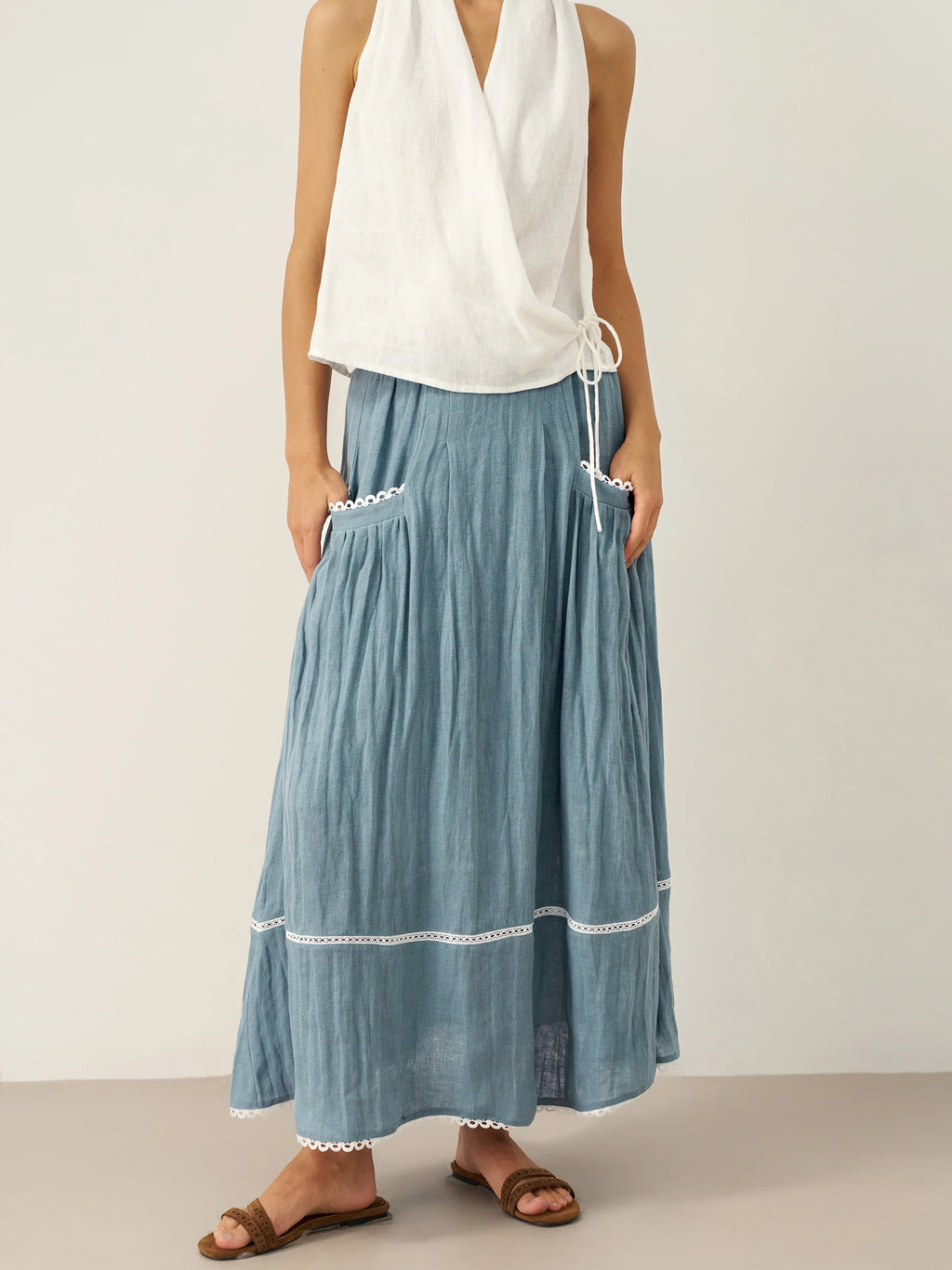 LINTICO 100% Linen Lace-Up Pocket Skirt FENLA — detail shot 9
