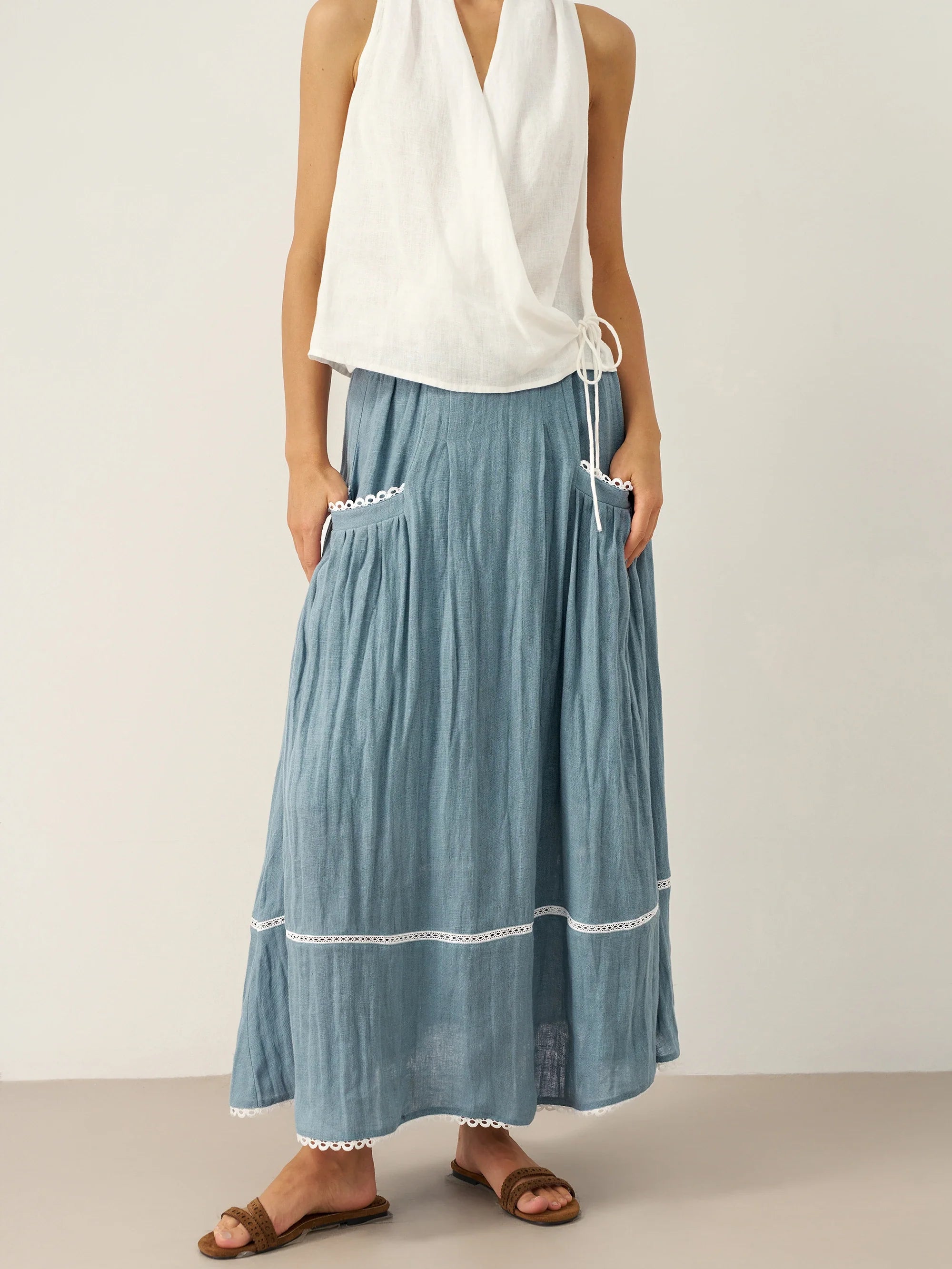 LINTICO 100% Linen Lace-Up Pocket Skirt FENLA — detail shot 9