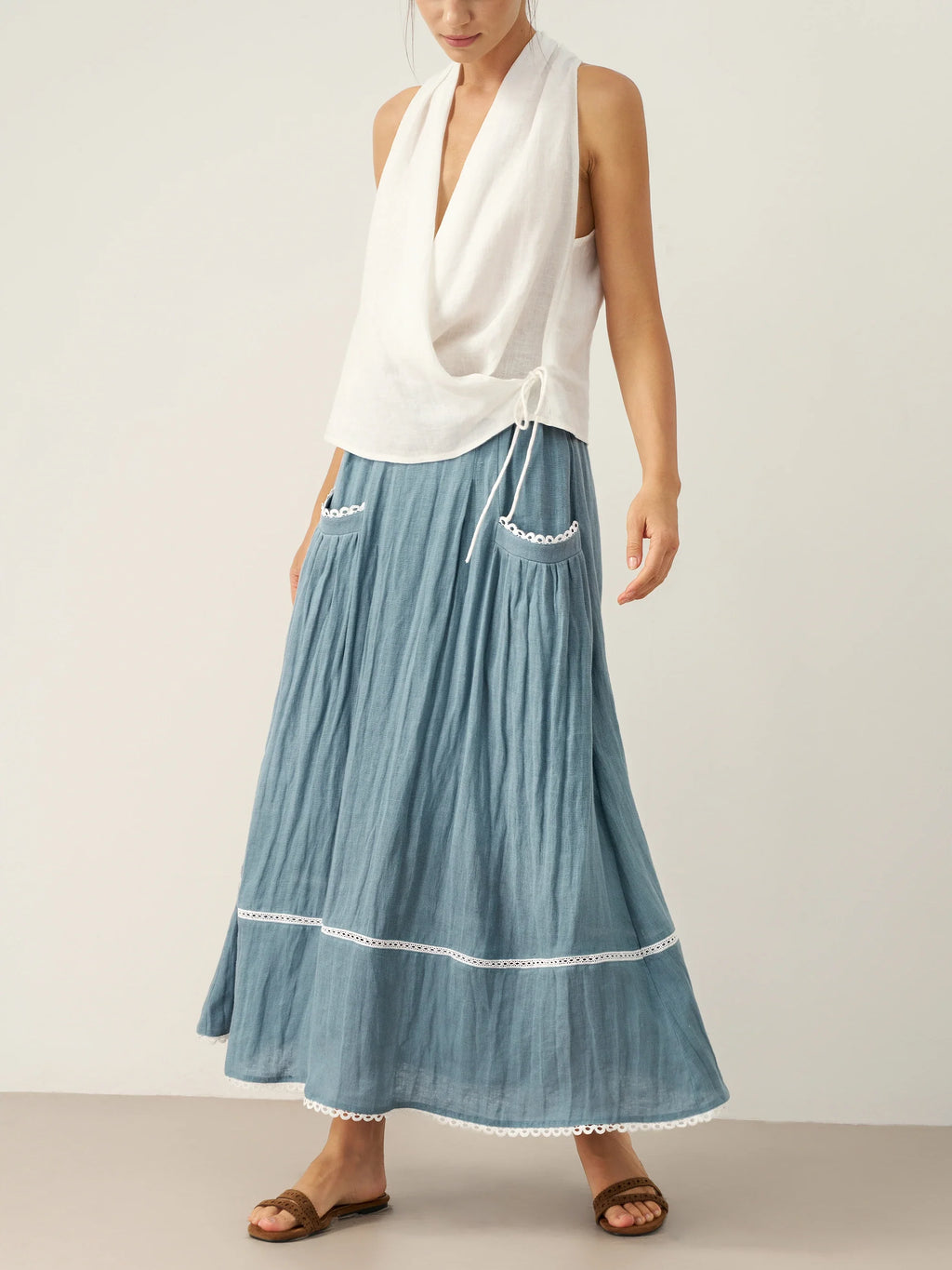 LINTICO 100% Linen Lace-Up Pocket Skirt FENLA — detail shot 8