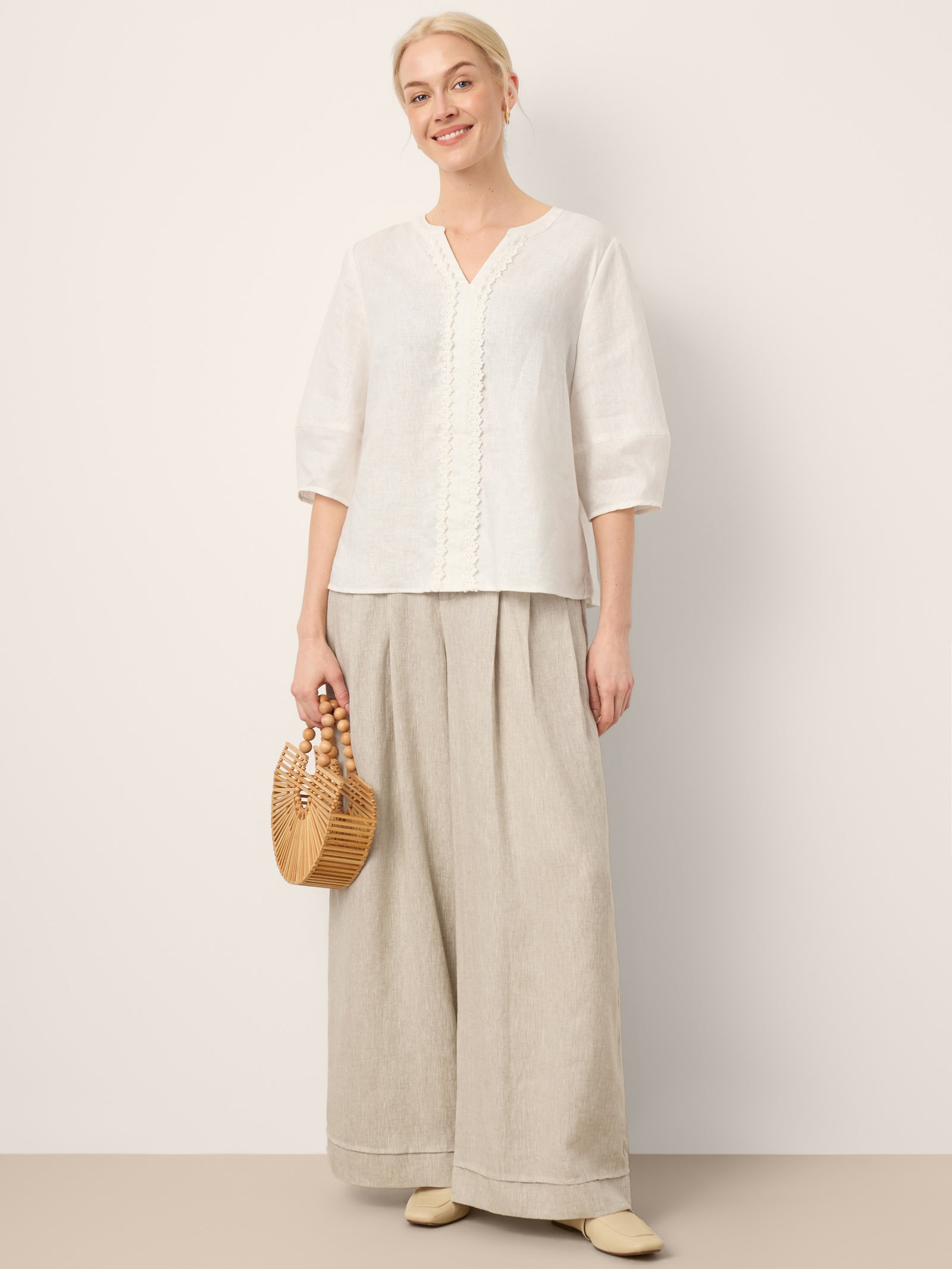 LINTICO 100% Linen Lace Trim Lantern Sleeve V-Neck Top LIVIAN — detail shot 9