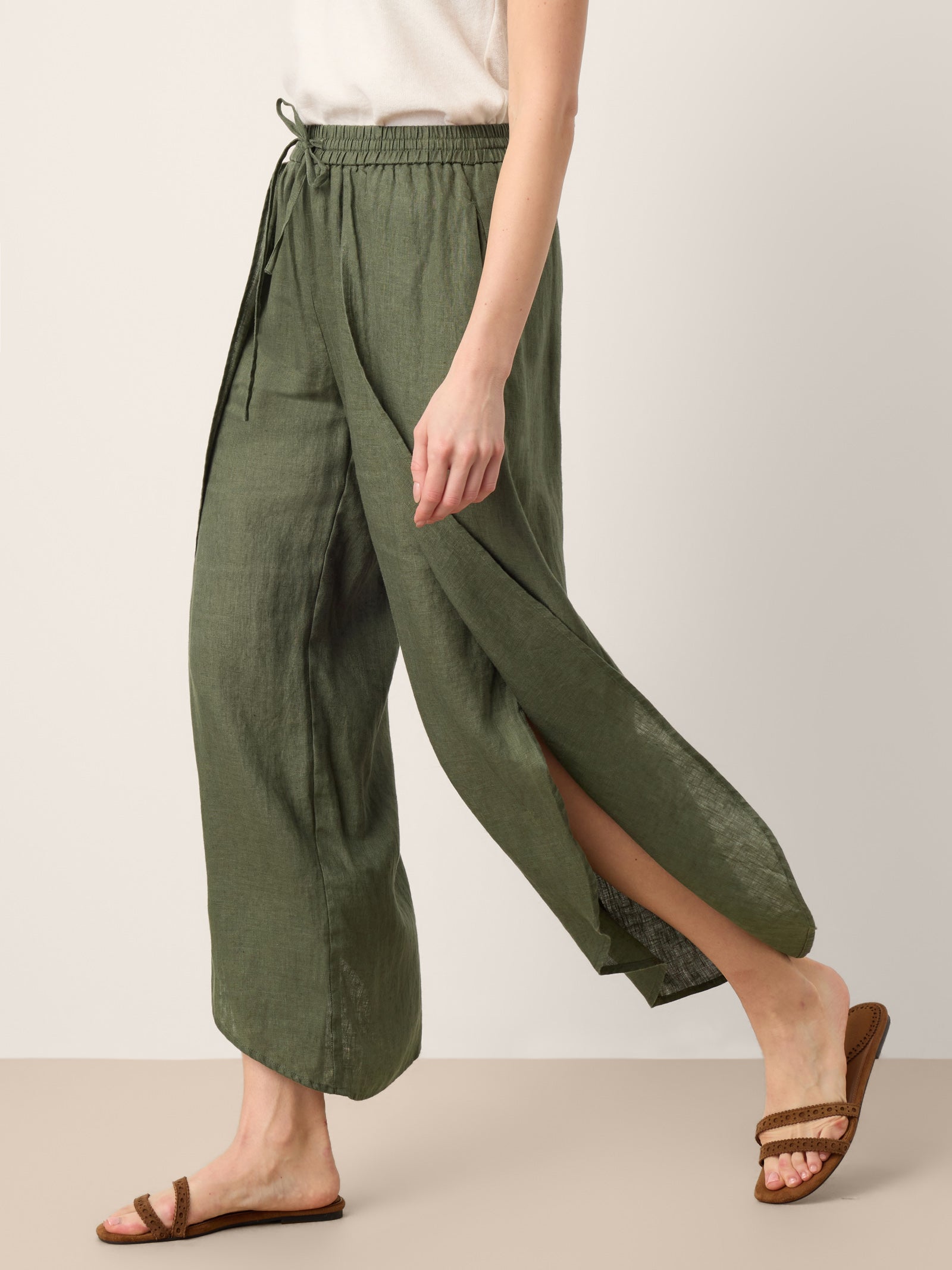 LINTICO 100% Linen Layered Slit Wide-Leg Drawstring Pants PEREGRINE — detail shot 6