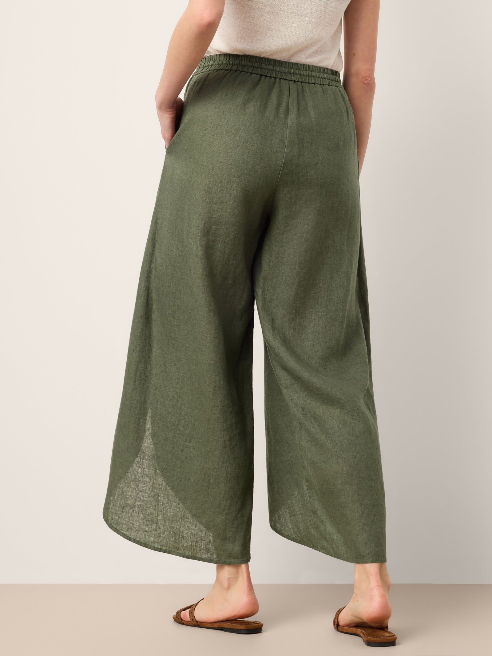 LINTICO 100% Linen Layered Slit Wide-Leg Drawstring Pants PEREGRINE — lifestyle worn / used context