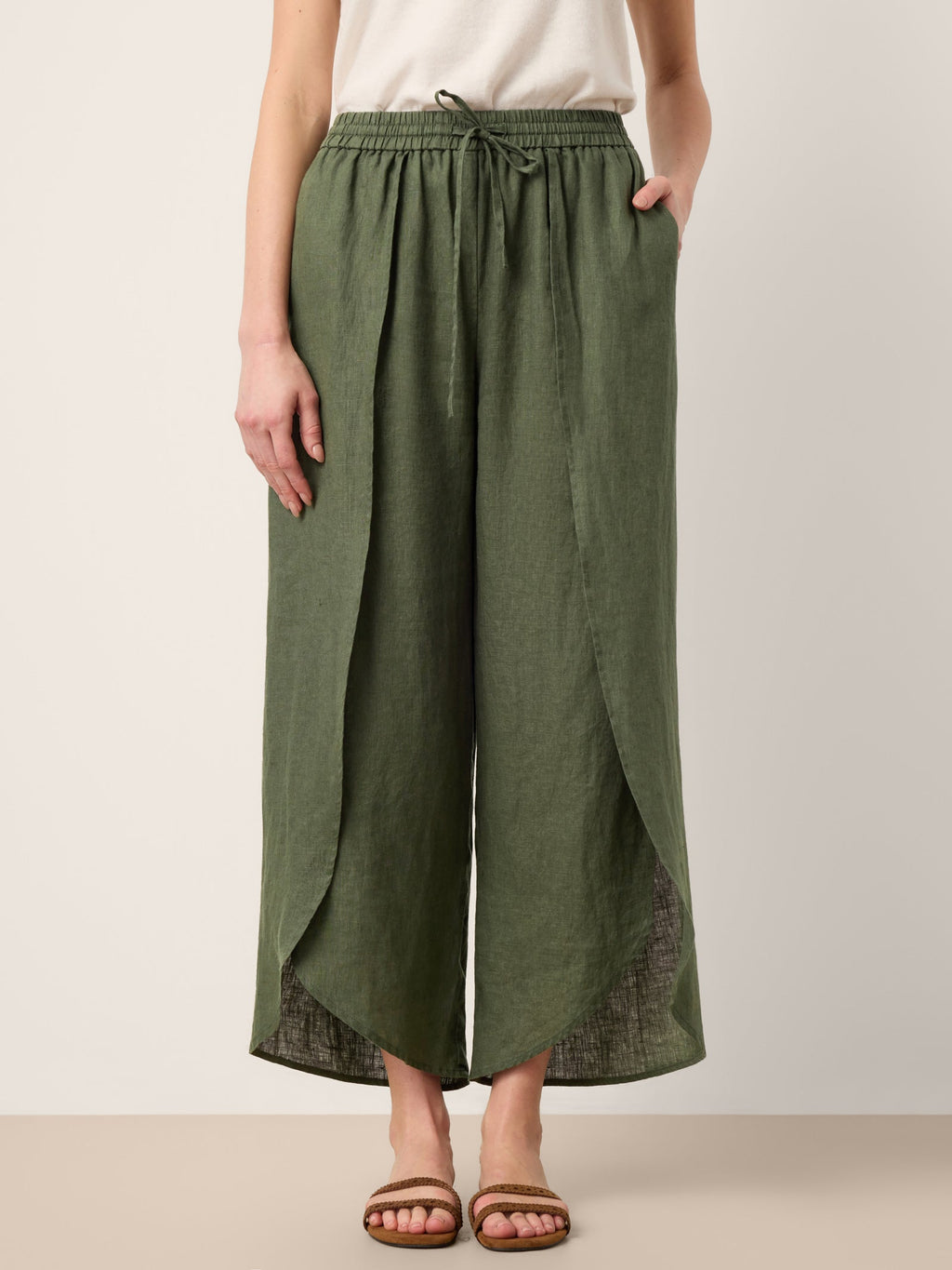 LINTICO 100% Linen Layered Slit Wide-Leg Drawstring Pants PEREGRINE — main product shot