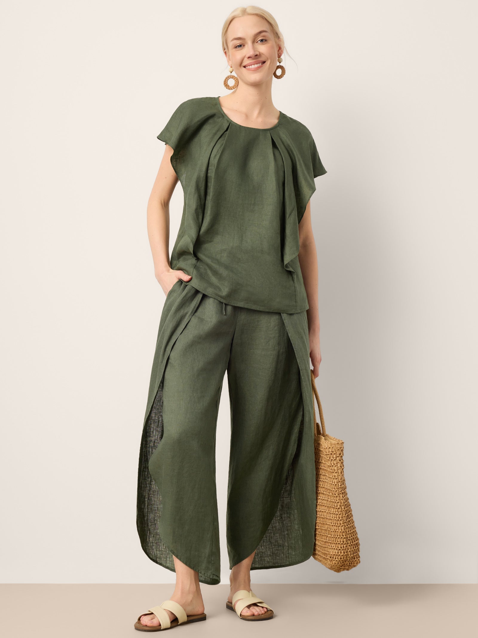 LINTICO 100% Linen Layered Slit Wide-Leg Drawstring Pants PEREGRINE — detail shot 9