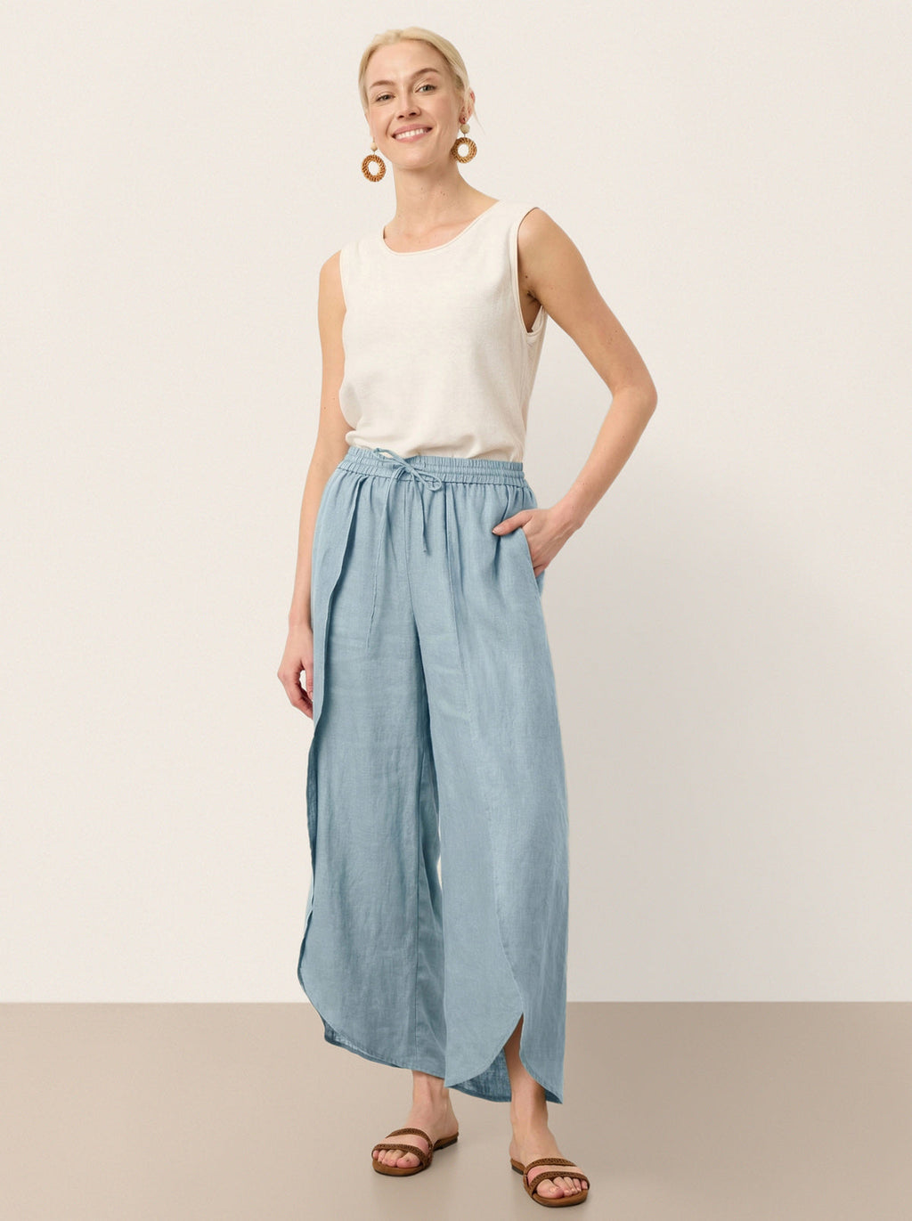 LINTICO 100% Linen Layered Slit Wide-Leg Drawstring Pants PEREGRINE — flat-lay composition
