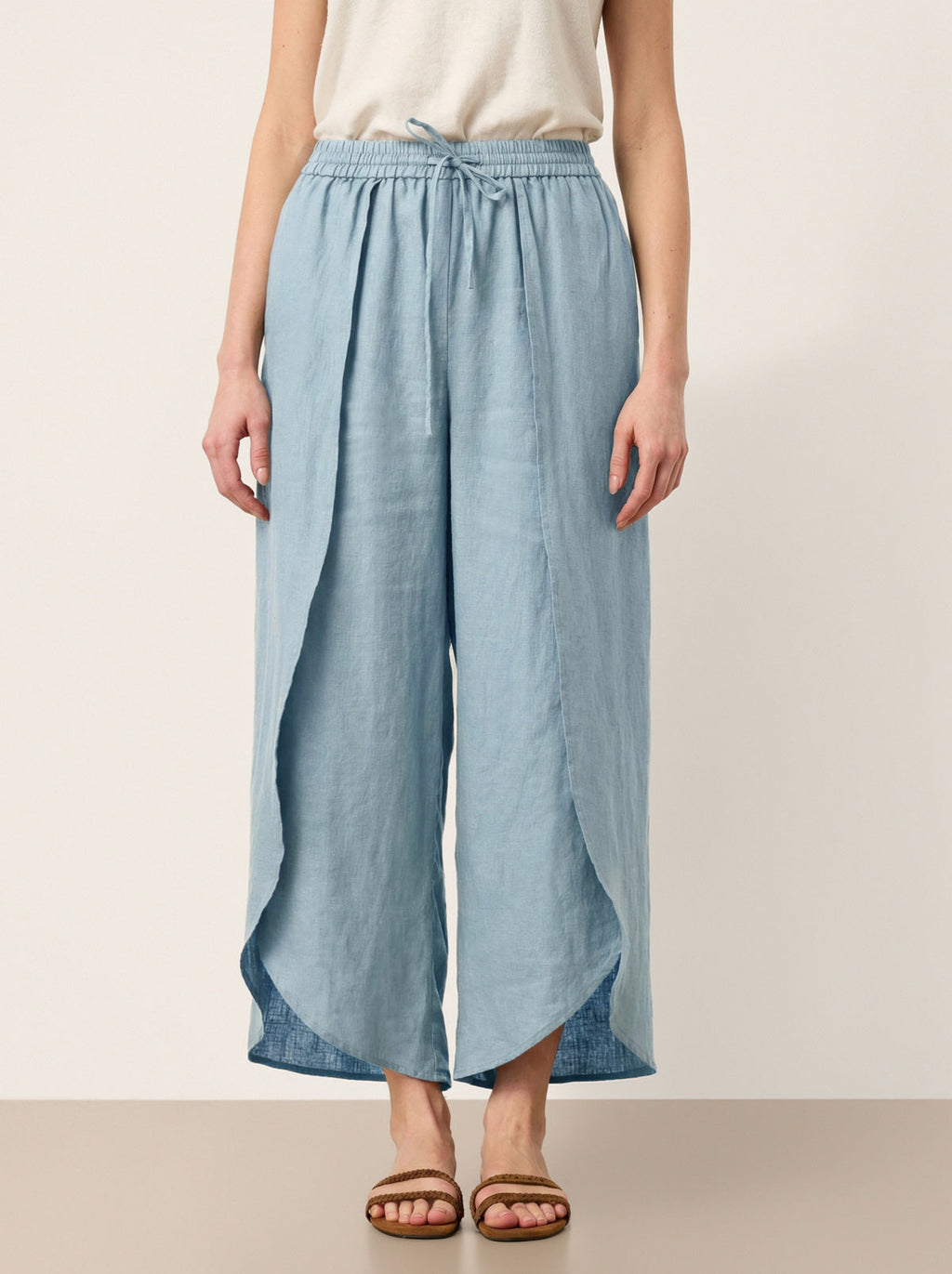 LINTICO 100% Linen Layered Slit Wide-Leg Drawstring Pants PEREGRINE — lifestyle context