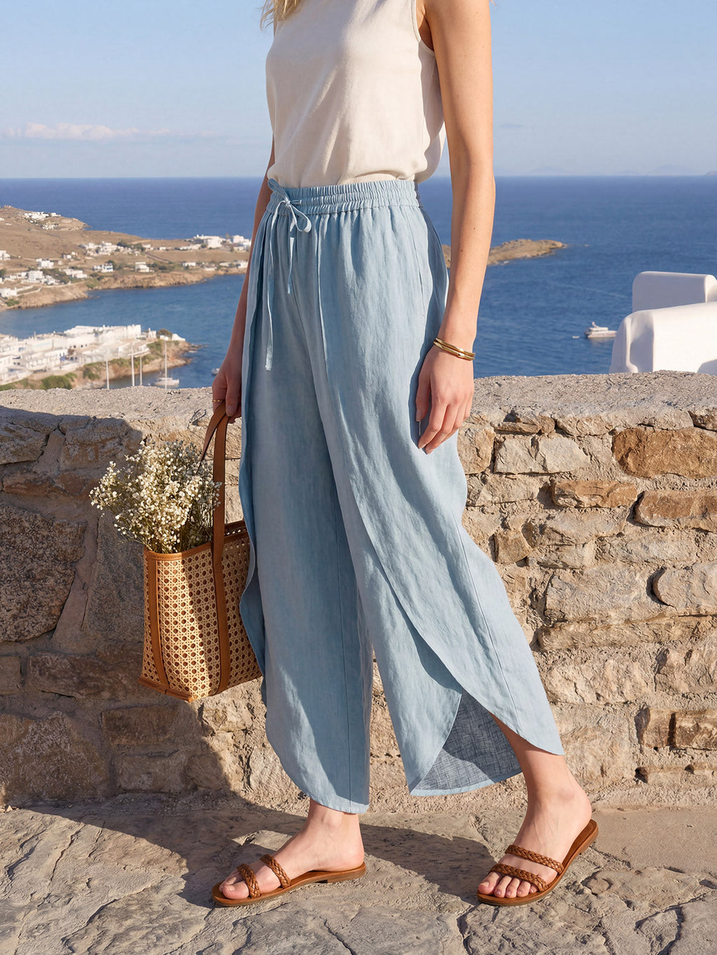 LINTICO 100% Linen Layered Slit Wide-Leg Drawstring Pants PEREGRINE — feature highlight