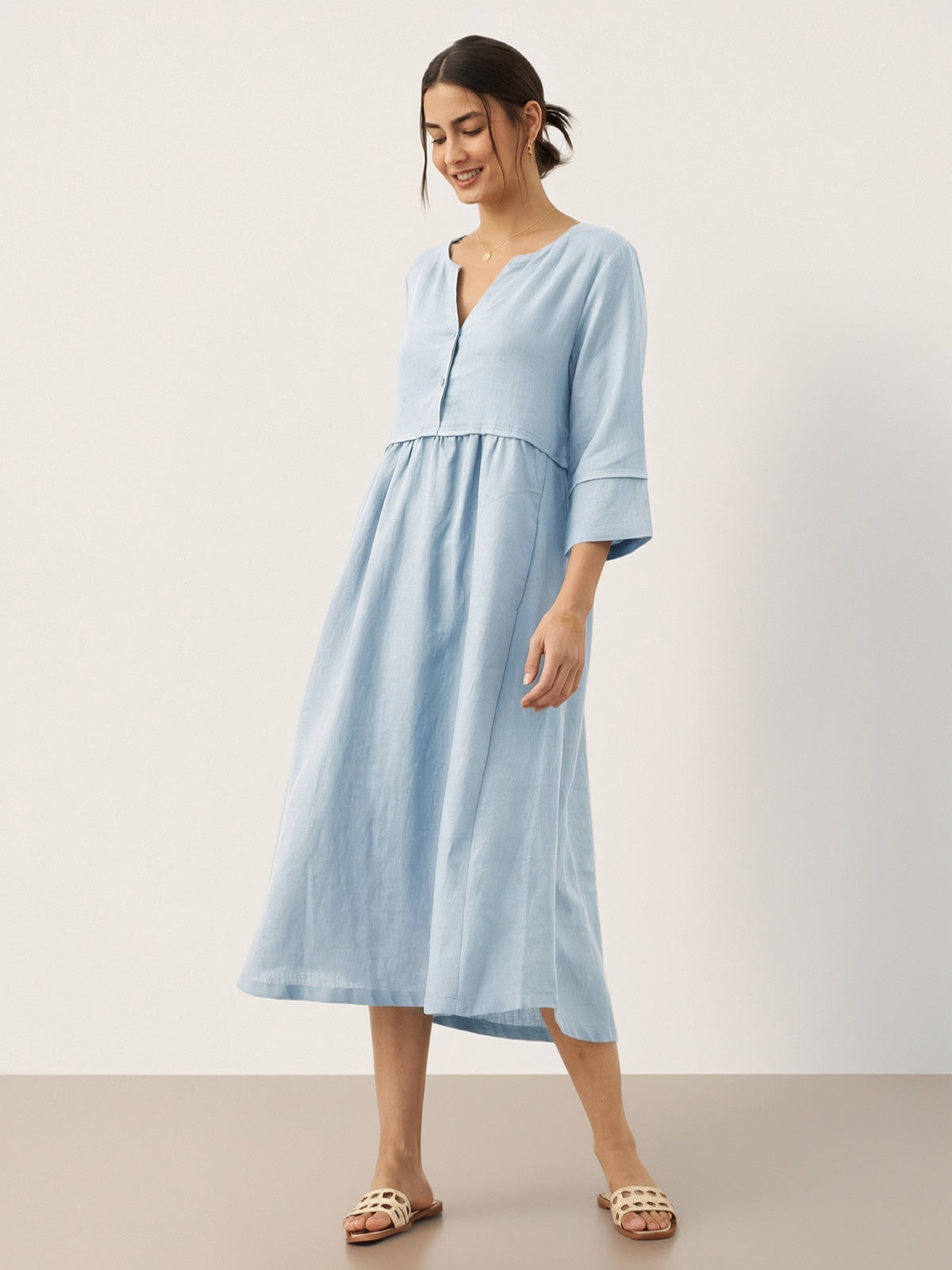 100% Linen Loose Fit Button Waist Gathered Maxi Dress LUNA