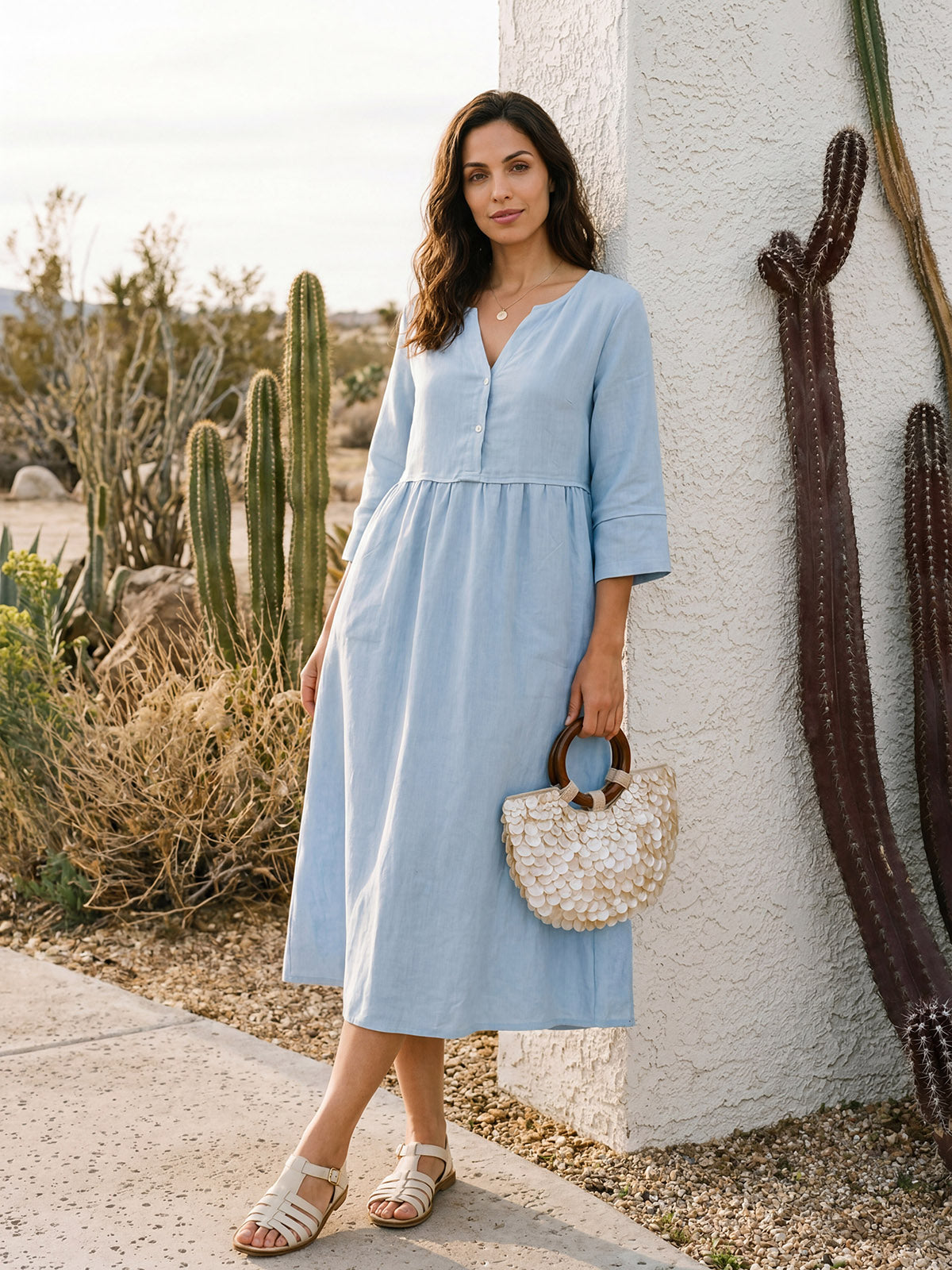 100% Linen Loose Fit Button Waist Gathered Maxi Dress LUNA